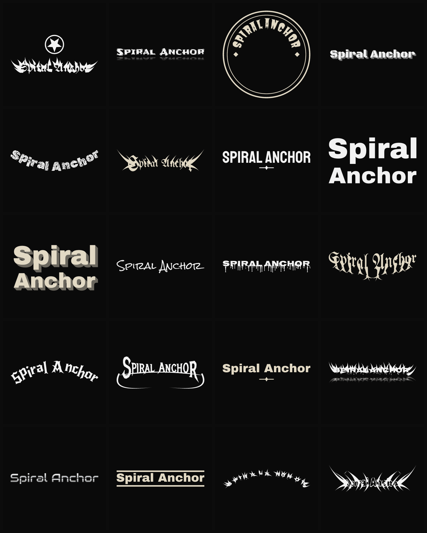 Twenty Spiral Anchor band logo ideas — different faces, treatments and spike settings