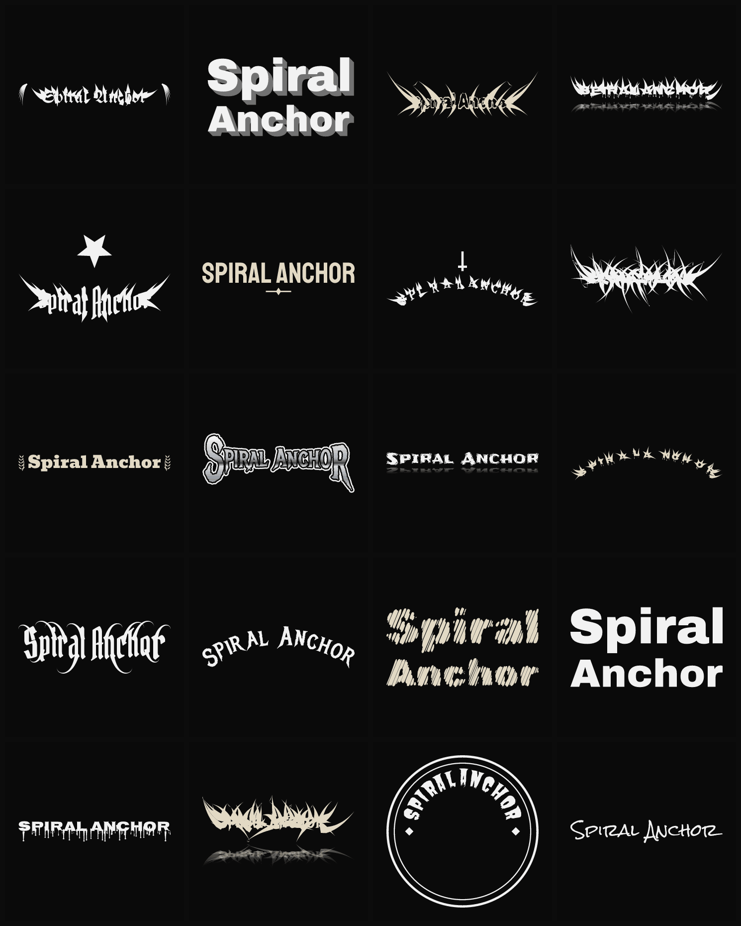 Twenty Spiral Anchor band logo ideas — different faces, treatments and spike settings