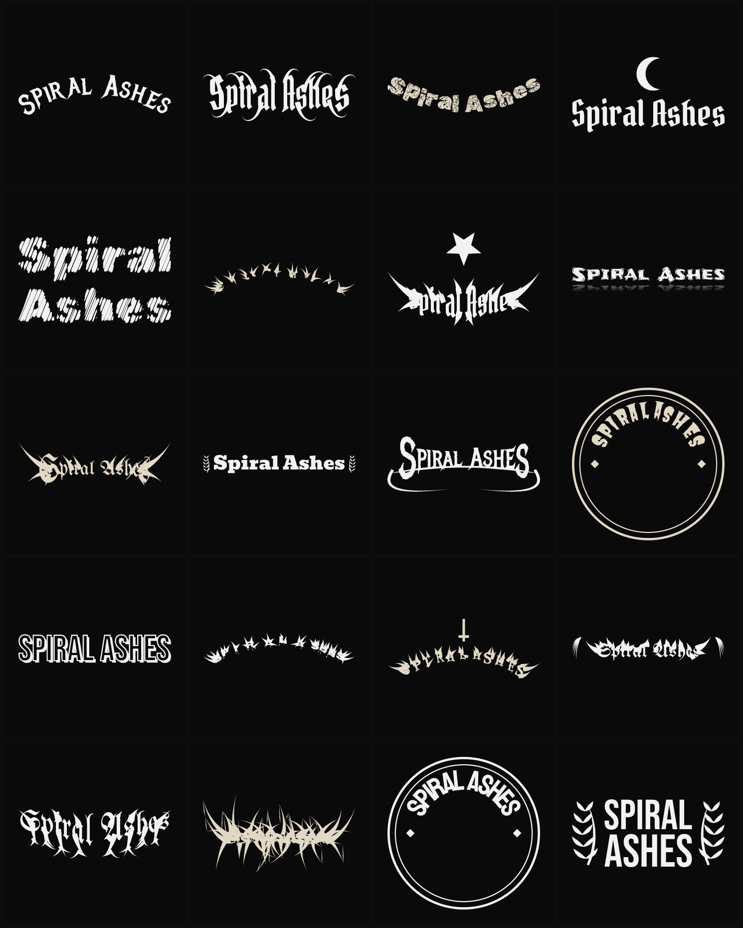 Twenty Spiral Ashes band logo ideas — different faces, treatments and spike settings