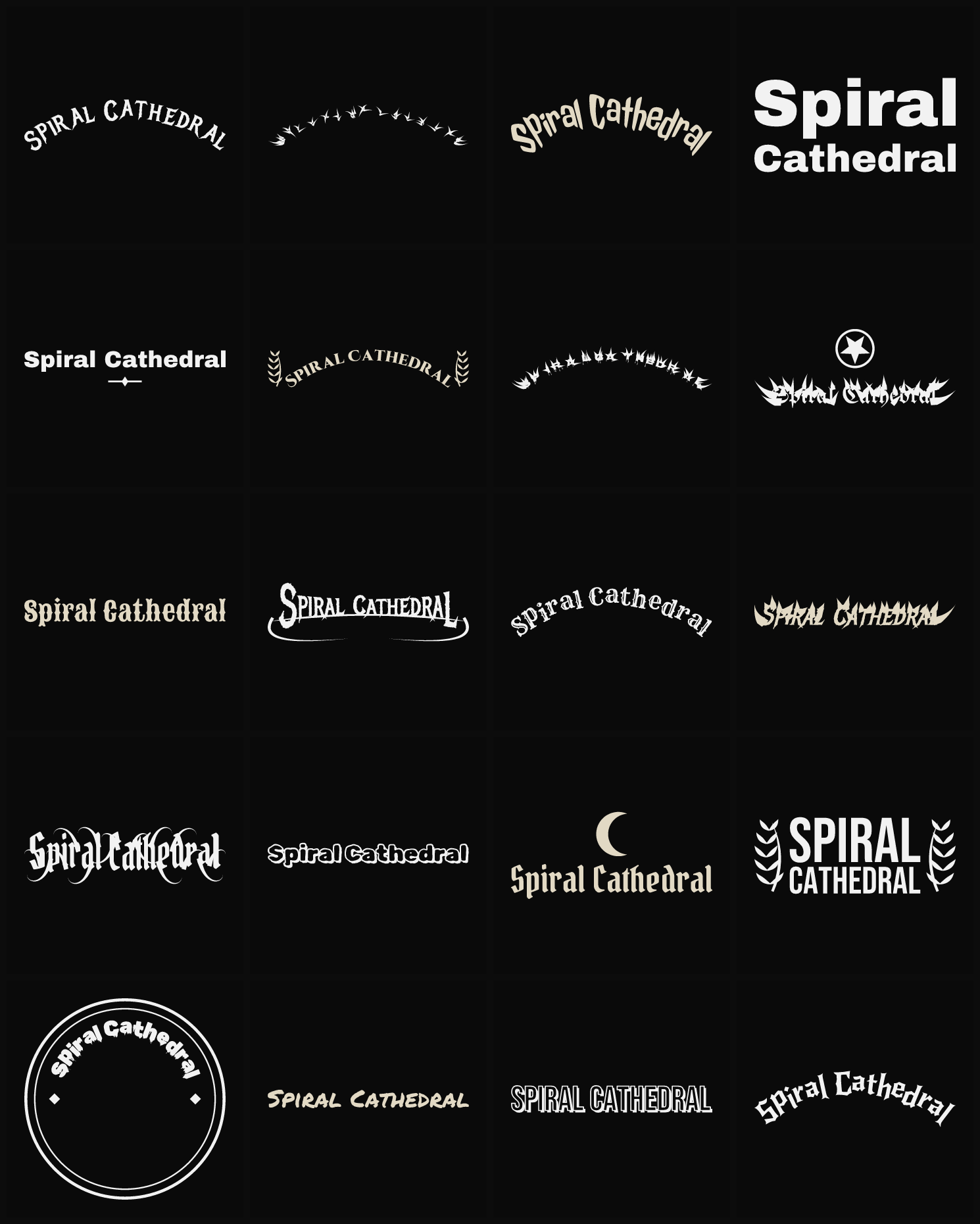 Twenty Spiral Cathedral band logo ideas — different faces, treatments and spike settings