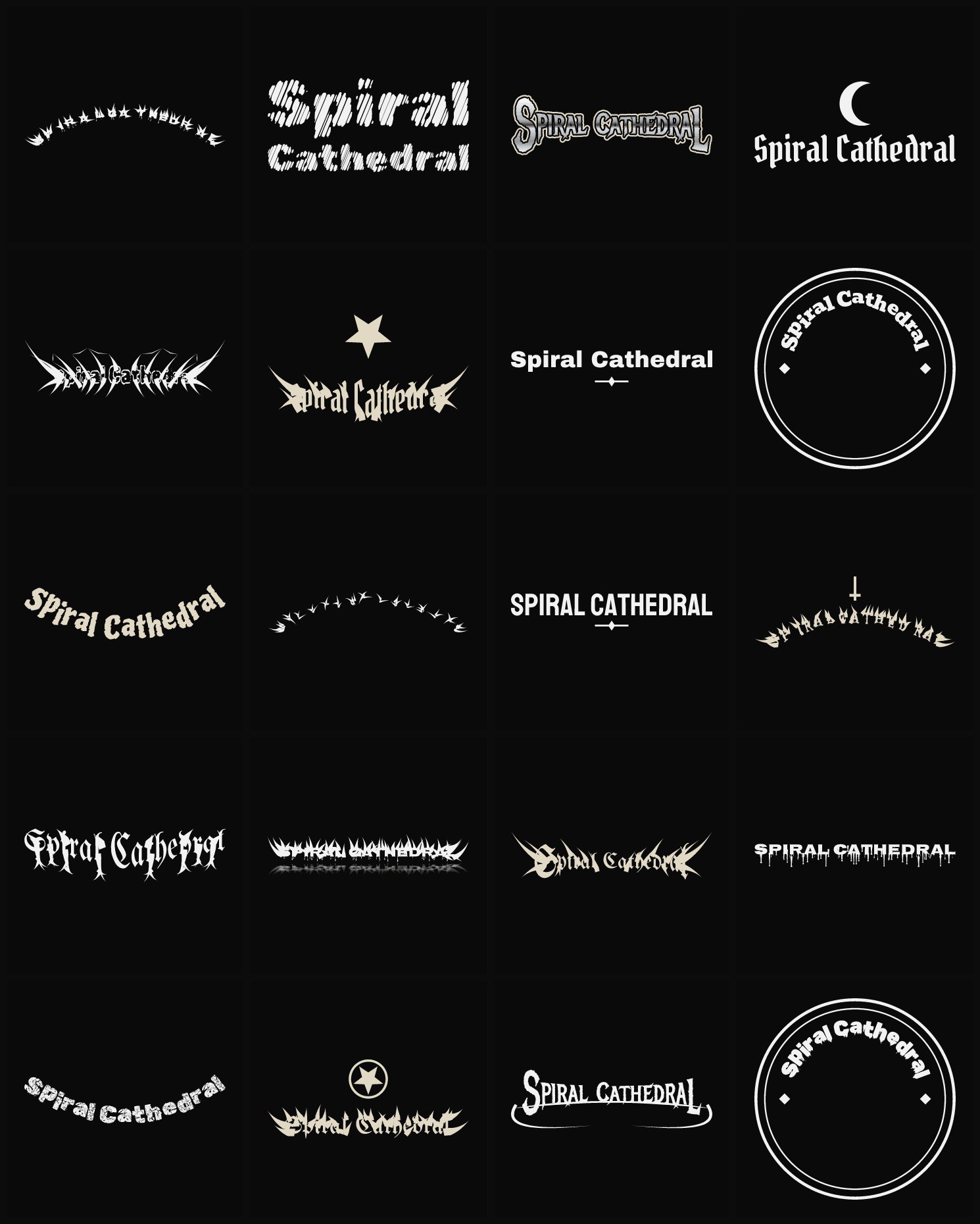 Twenty Spiral Cathedral band logo ideas — different faces, treatments and spike settings