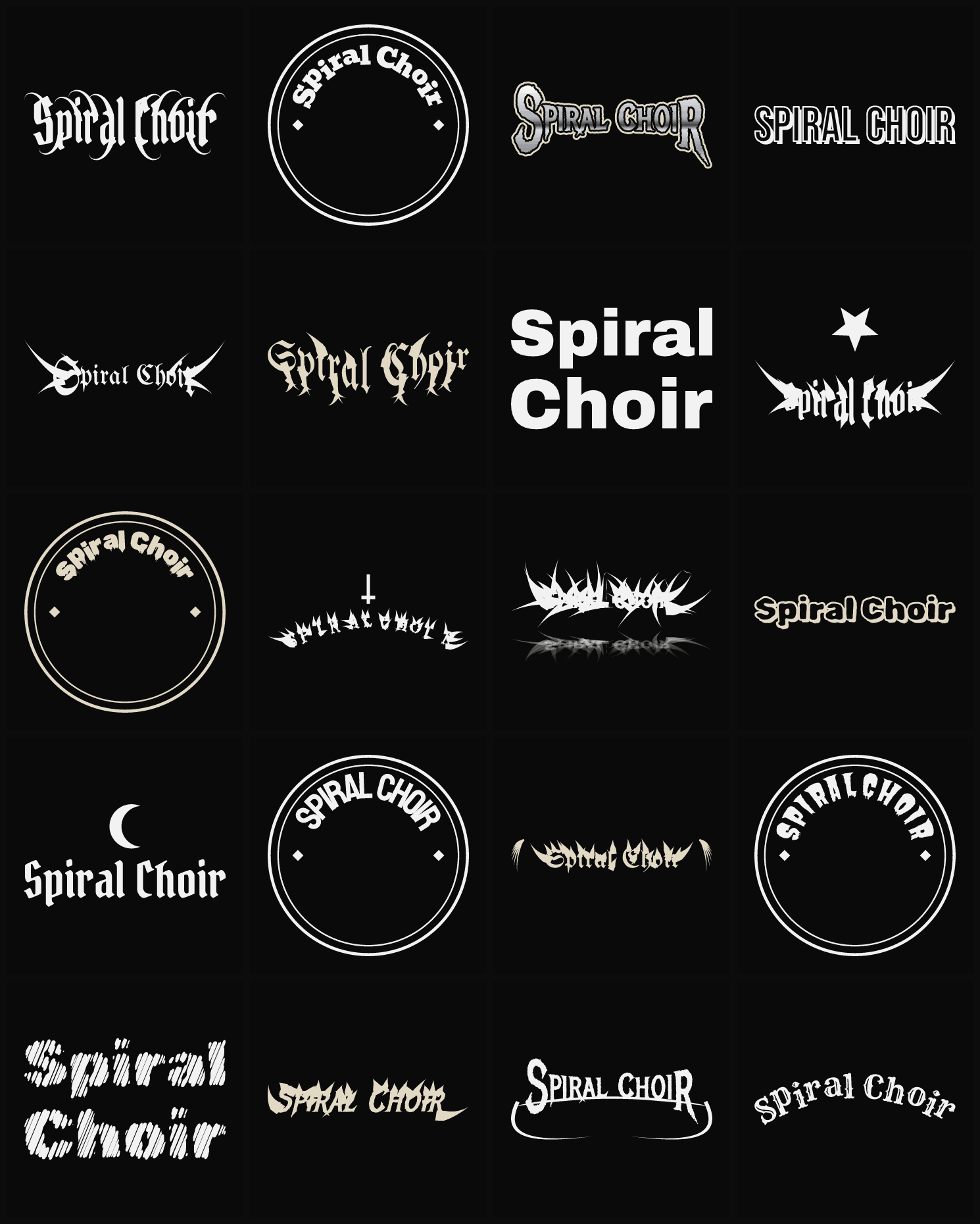 Twenty Spiral Choir band logo ideas — different faces, treatments and spike settings
