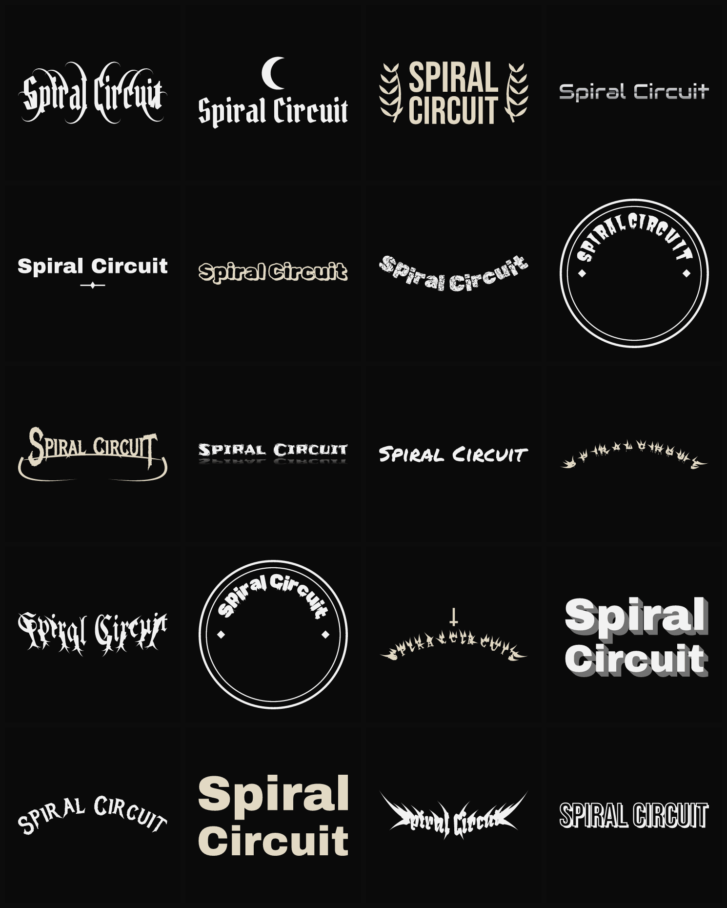 Twenty Spiral Circuit band logo ideas — different faces, treatments and spike settings
