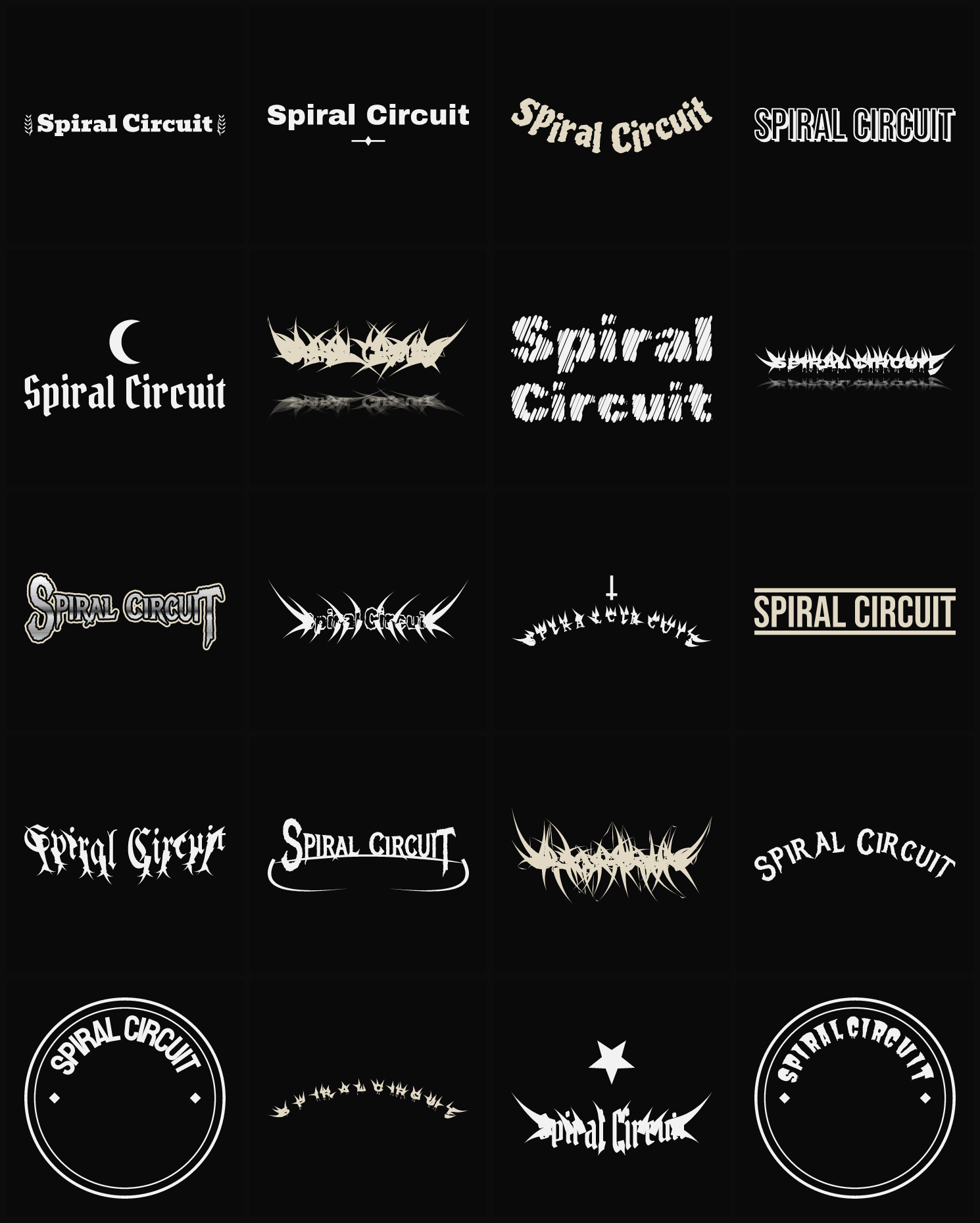 Twenty Spiral Circuit band logo ideas — different faces, treatments and spike settings