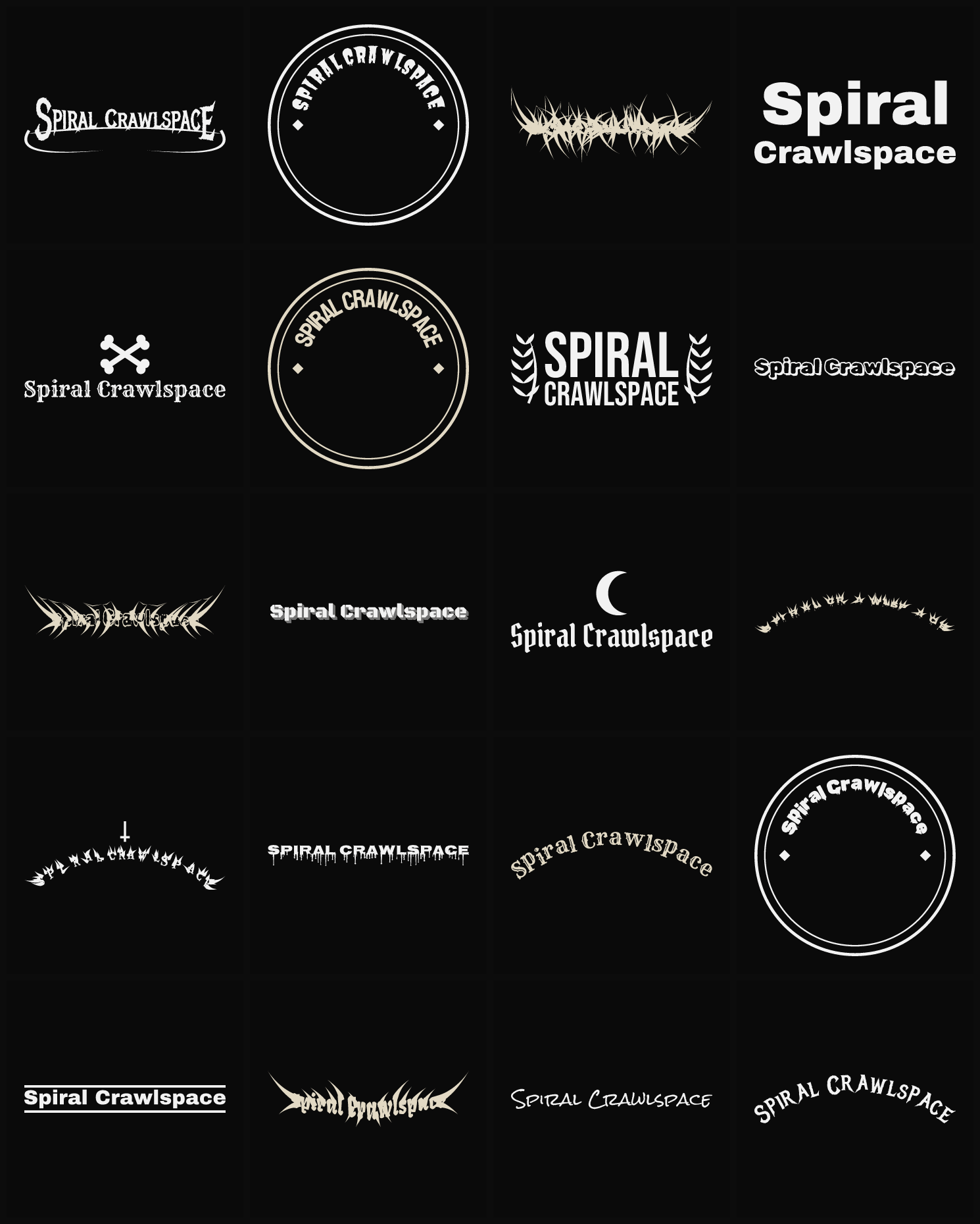 Twenty Spiral Crawlspace band logo ideas — different faces, treatments and spike settings