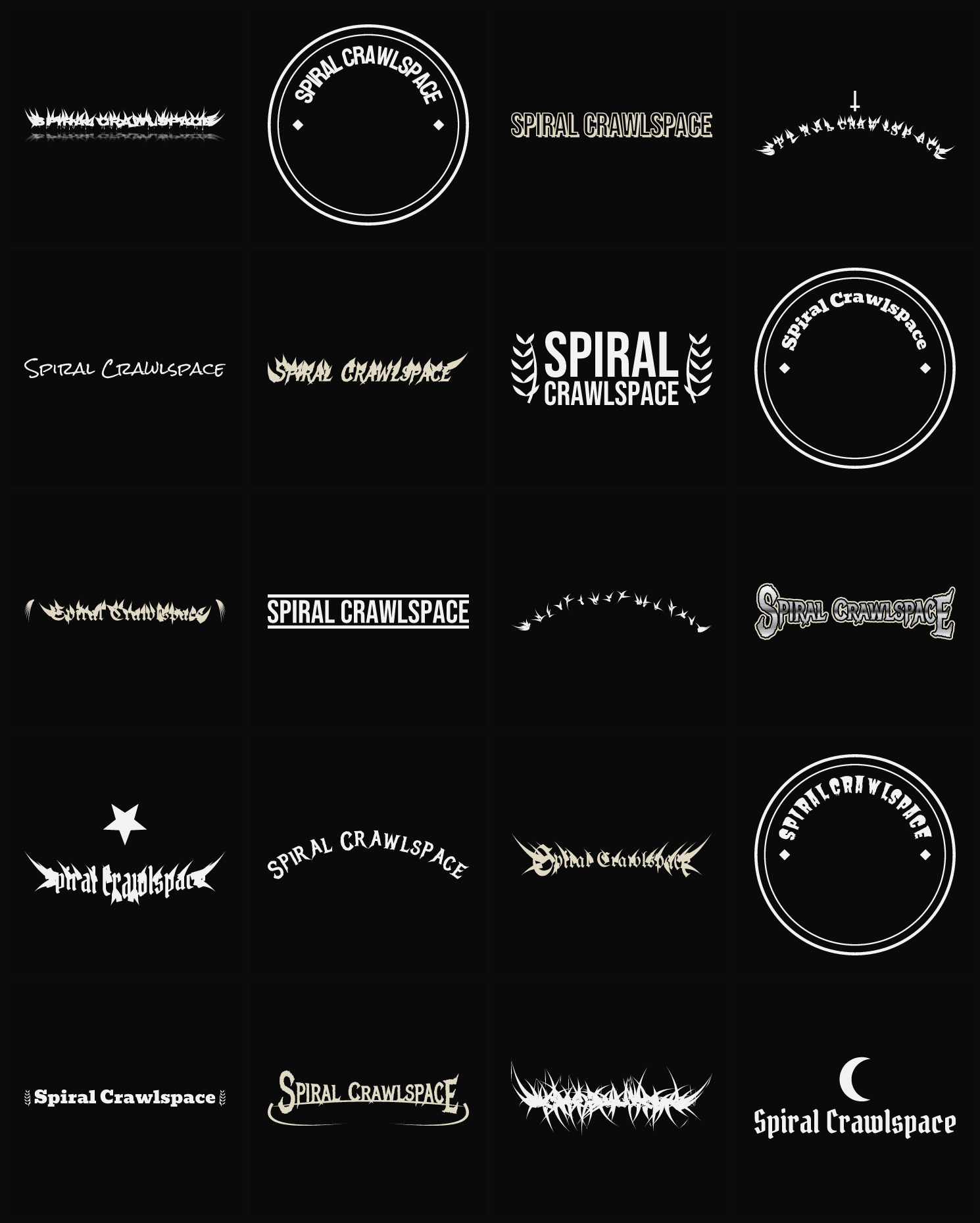 Twenty Spiral Crawlspace band logo ideas — different faces, treatments and spike settings