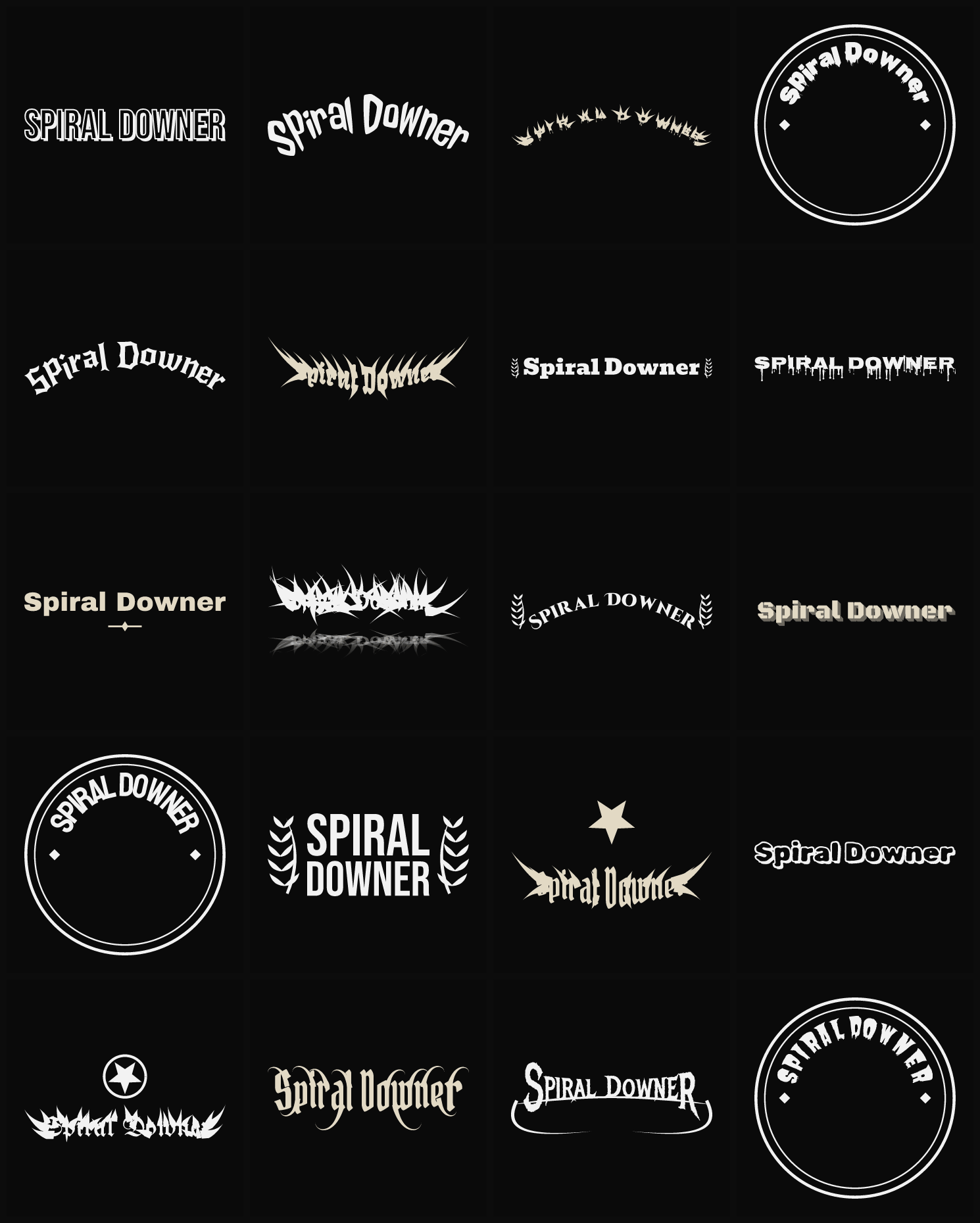 Twenty Spiral Downer band logo ideas — different faces, treatments and spike settings