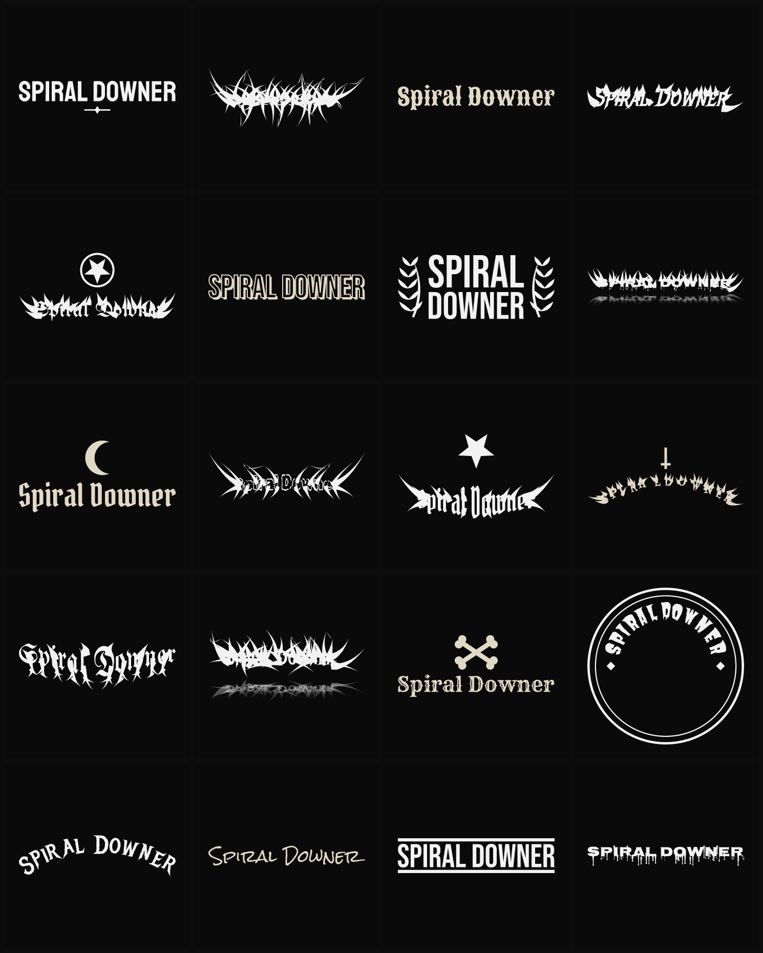 Twenty Spiral Downer band logo ideas — different faces, treatments and spike settings