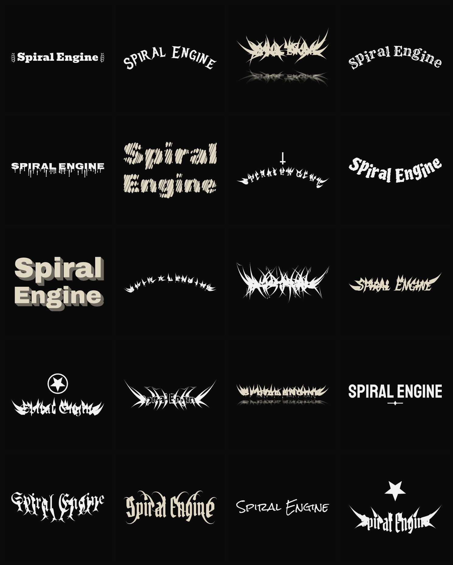 Twenty Spiral Engine band logo ideas — different faces, treatments and spike settings