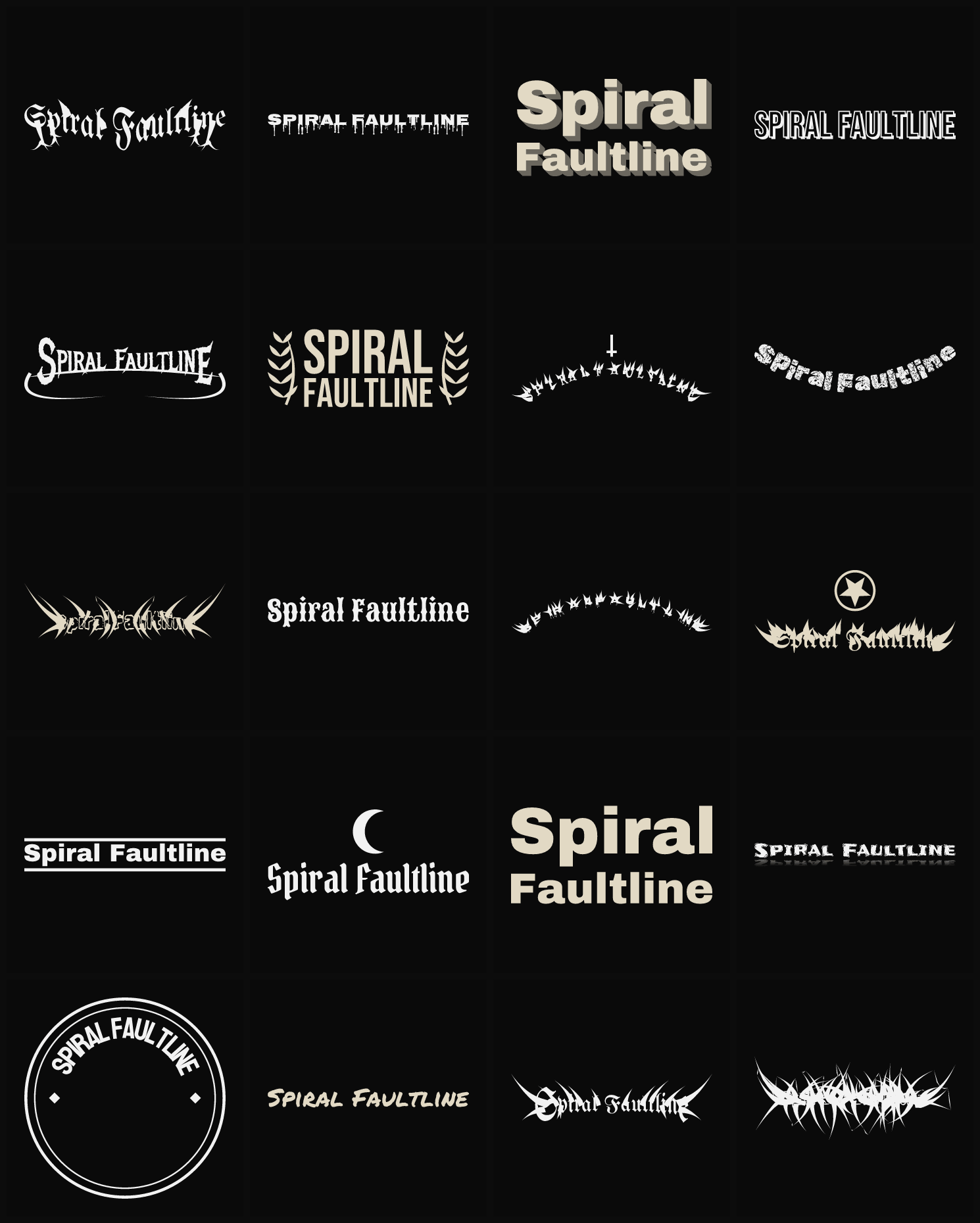Twenty Spiral Faultline band logo ideas — different faces, treatments and spike settings