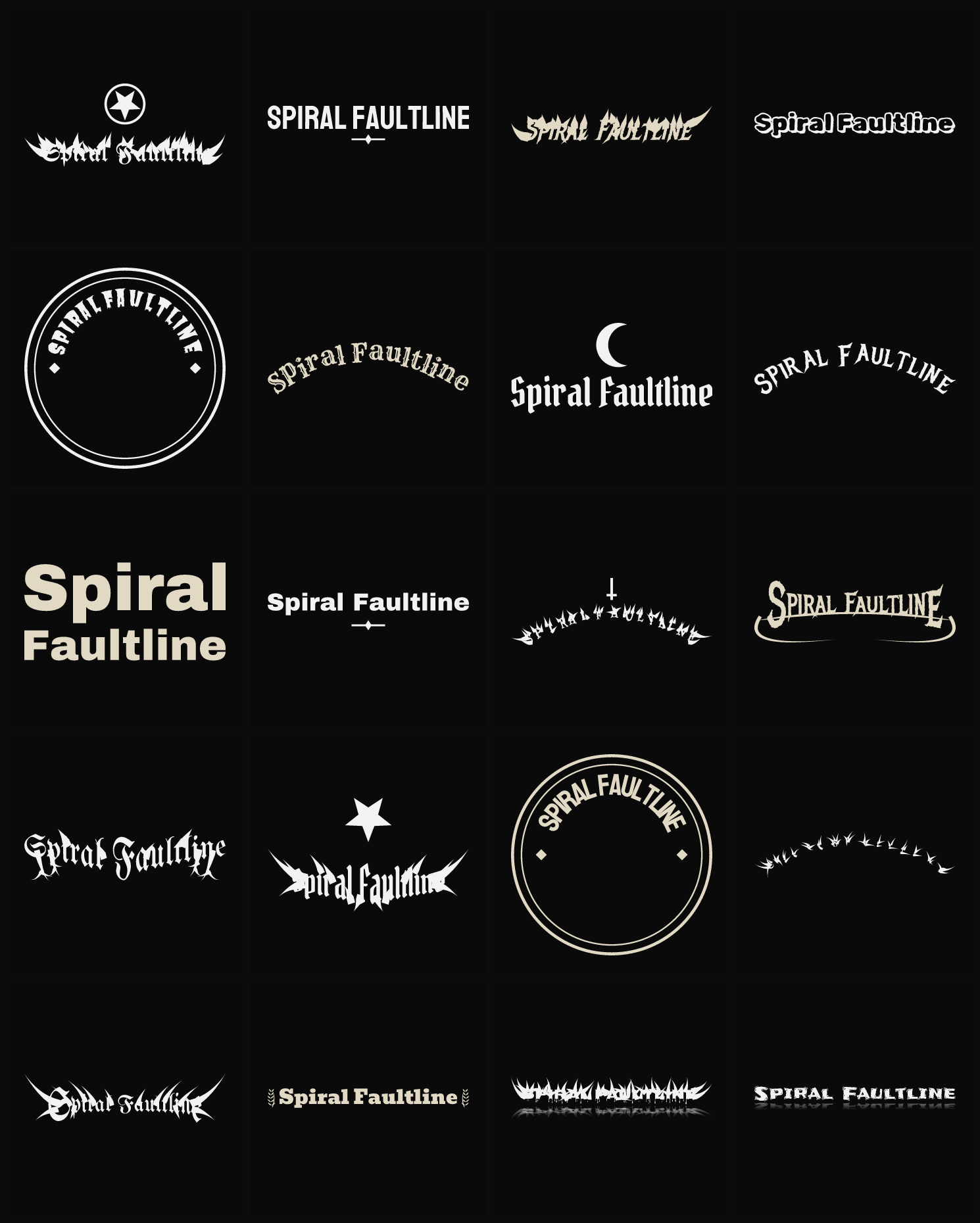 Twenty Spiral Faultline band logo ideas — different faces, treatments and spike settings