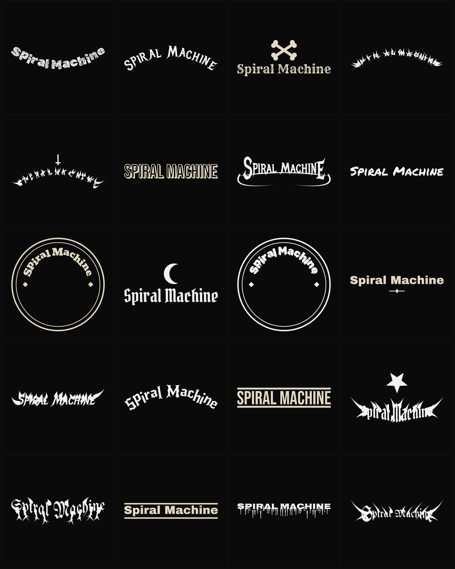 Twenty Spiral Machine band logo ideas — different faces, treatments and spike settings
