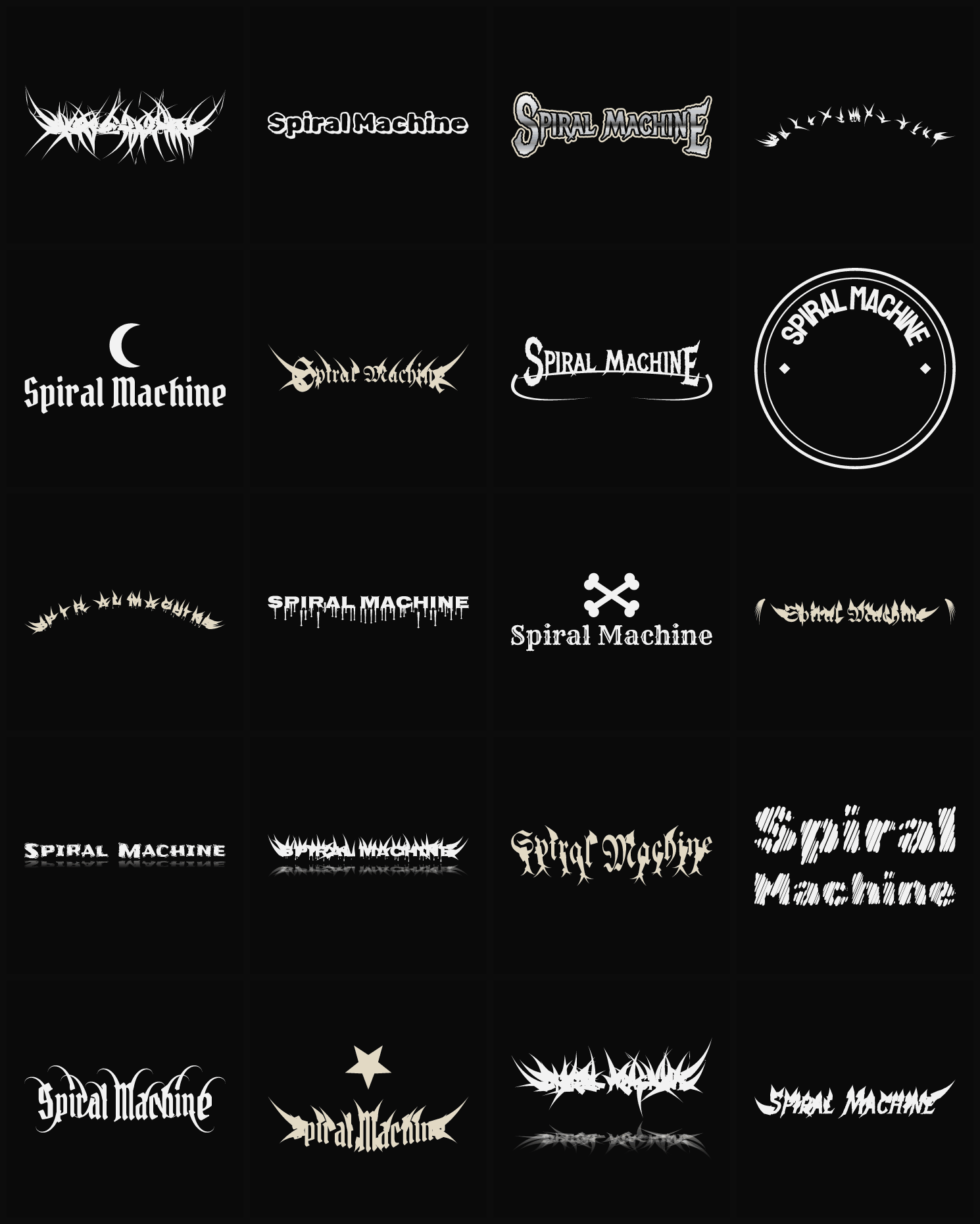 Twenty Spiral Machine band logo ideas — different faces, treatments and spike settings