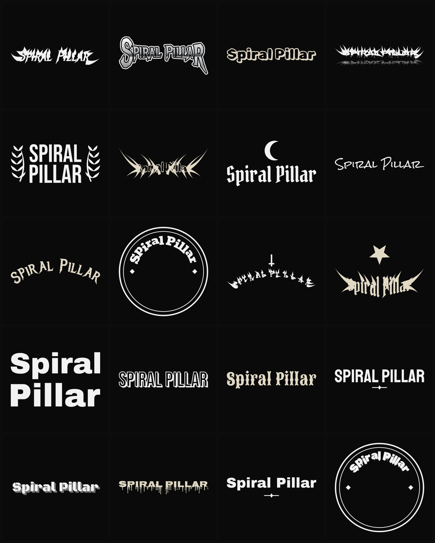 Twenty Spiral Pillar band logo ideas — different faces, treatments and spike settings