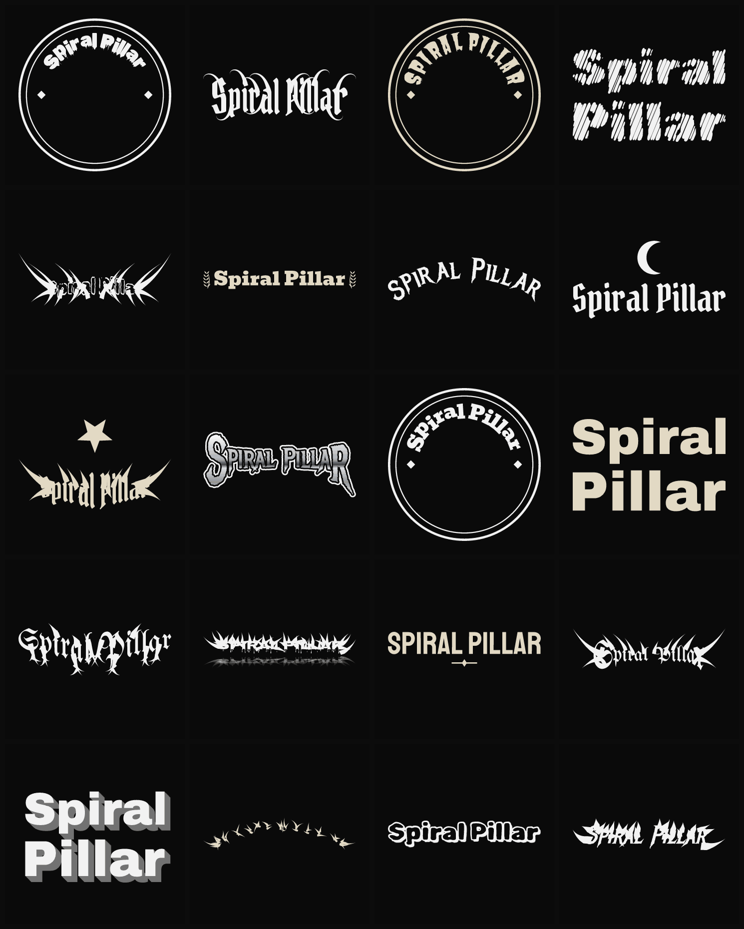 Twenty Spiral Pillar band logo ideas — different faces, treatments and spike settings