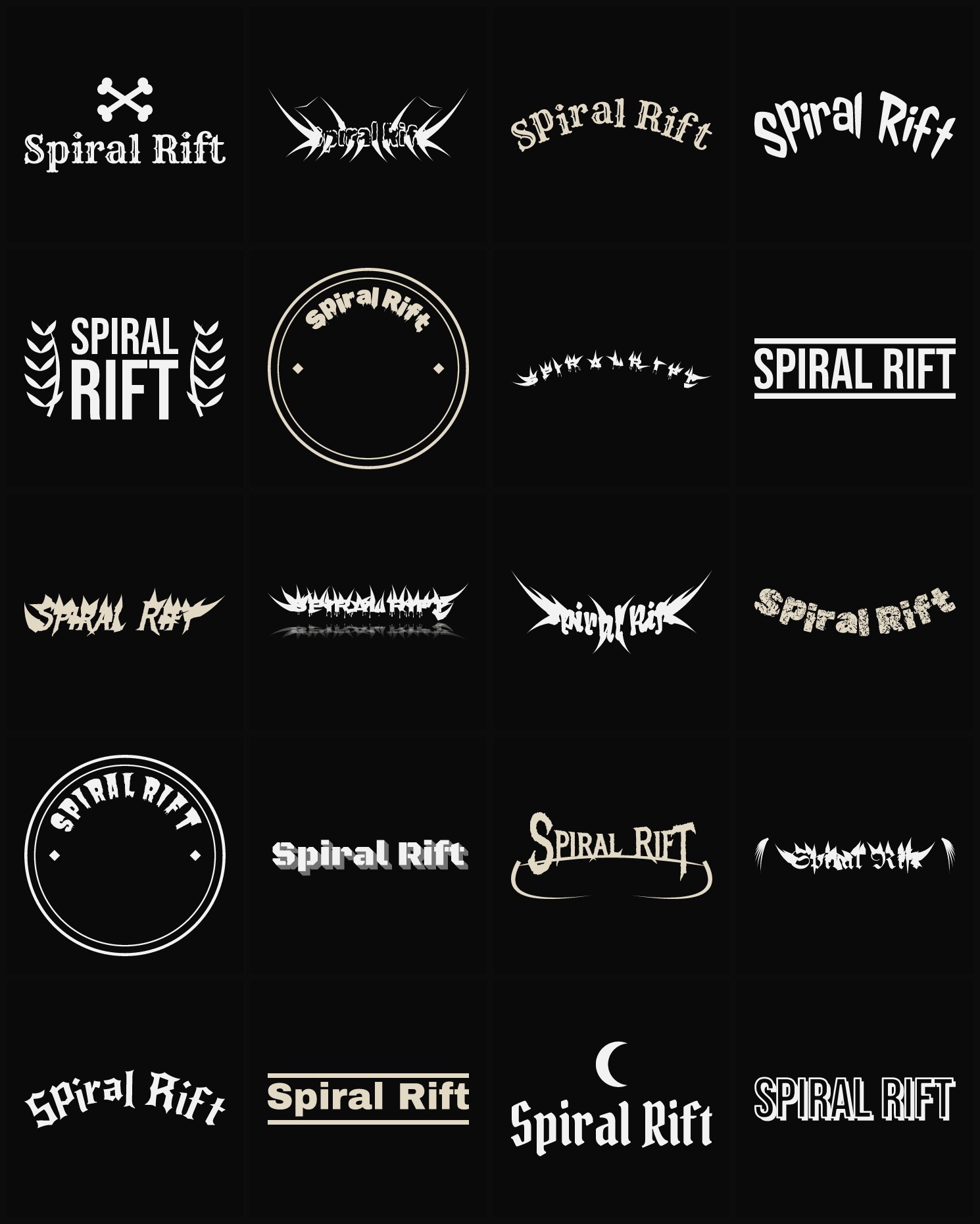 Twenty Spiral Rift band logo ideas — different faces, treatments and spike settings