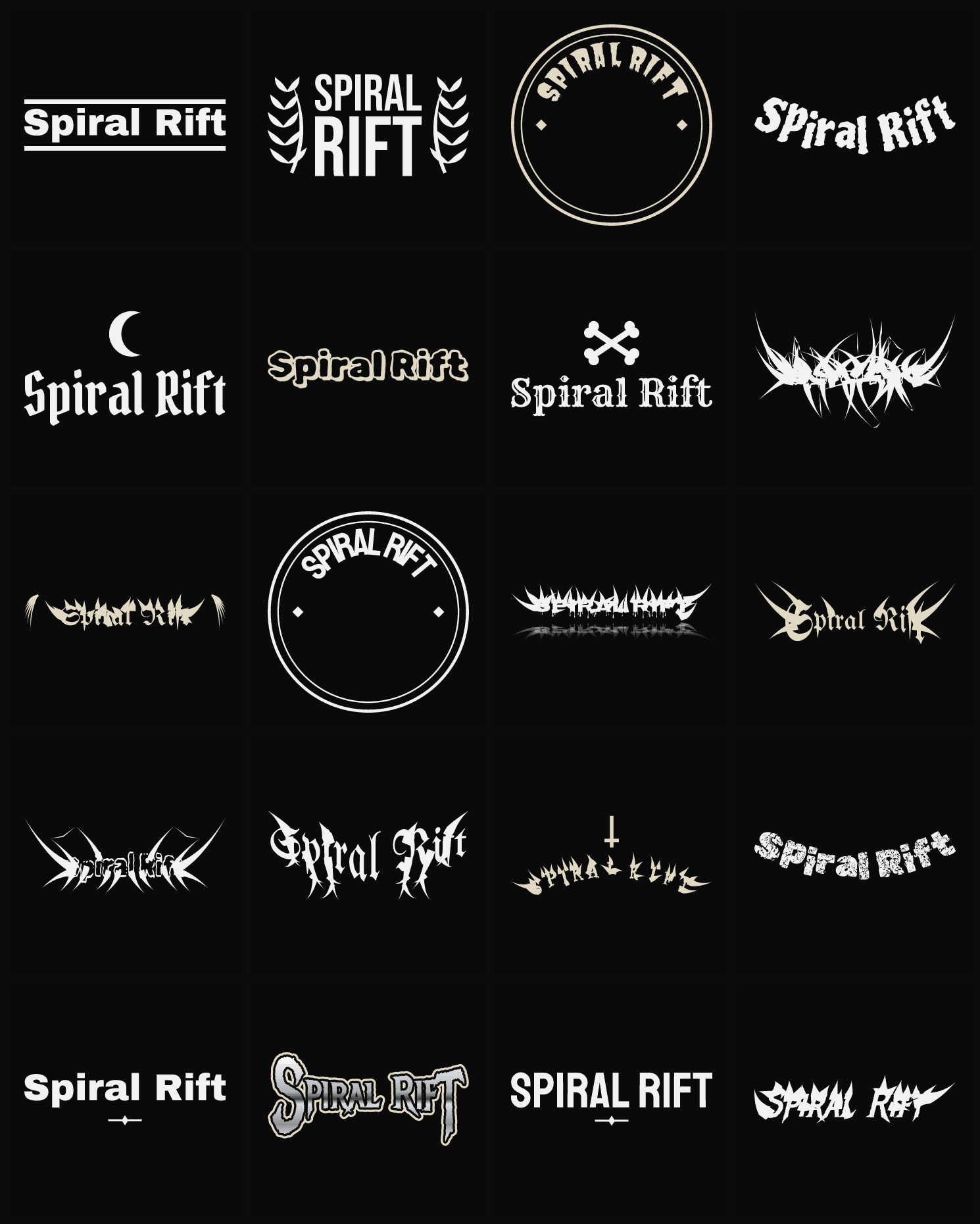 Twenty Spiral Rift band logo ideas — different faces, treatments and spike settings