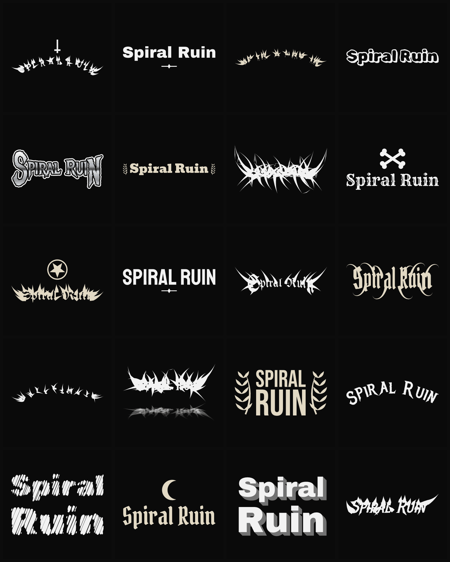 Twenty Spiral Ruin band logo ideas — different faces, treatments and spike settings