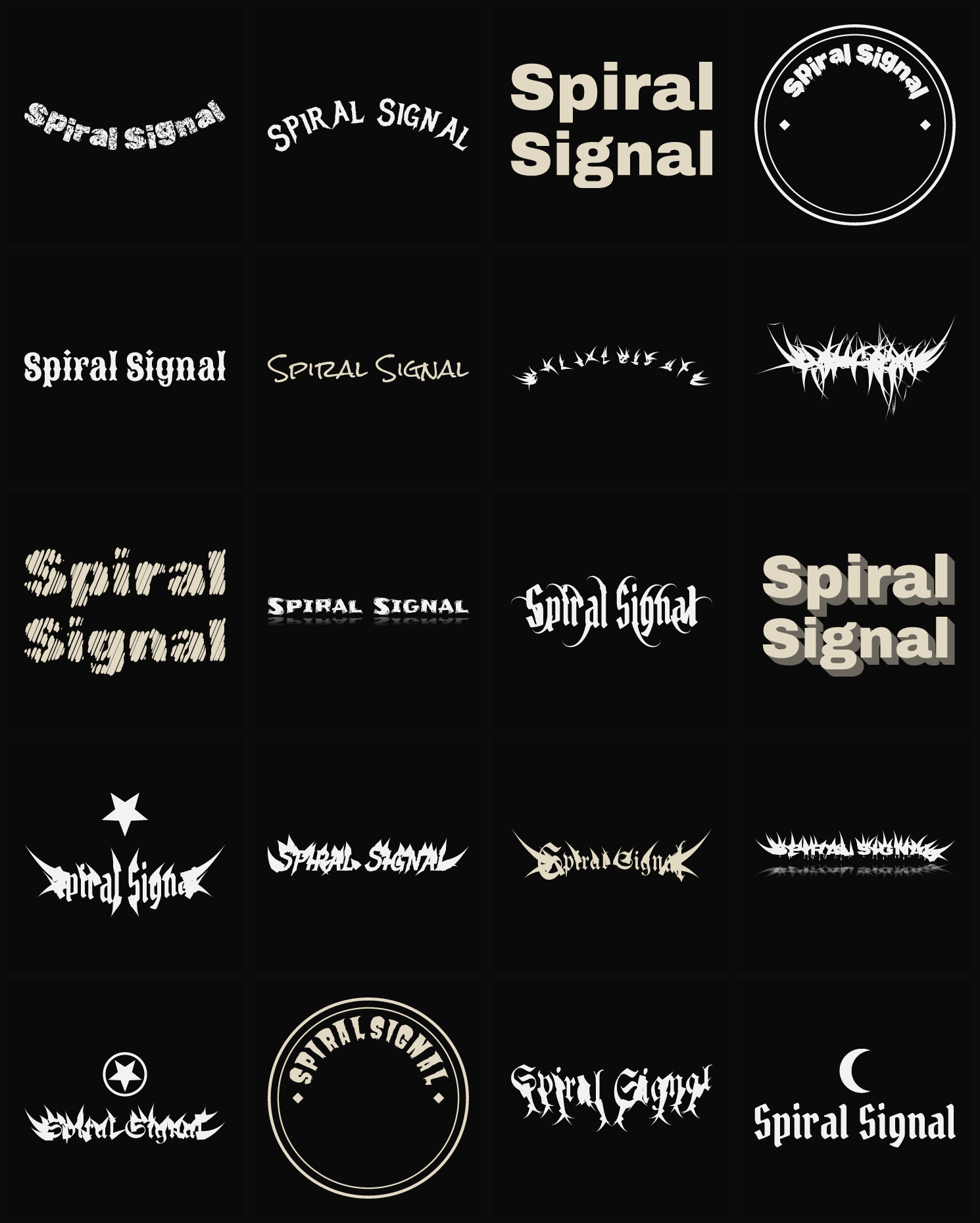 Twenty Spiral Signal band logo ideas — different faces, treatments and spike settings