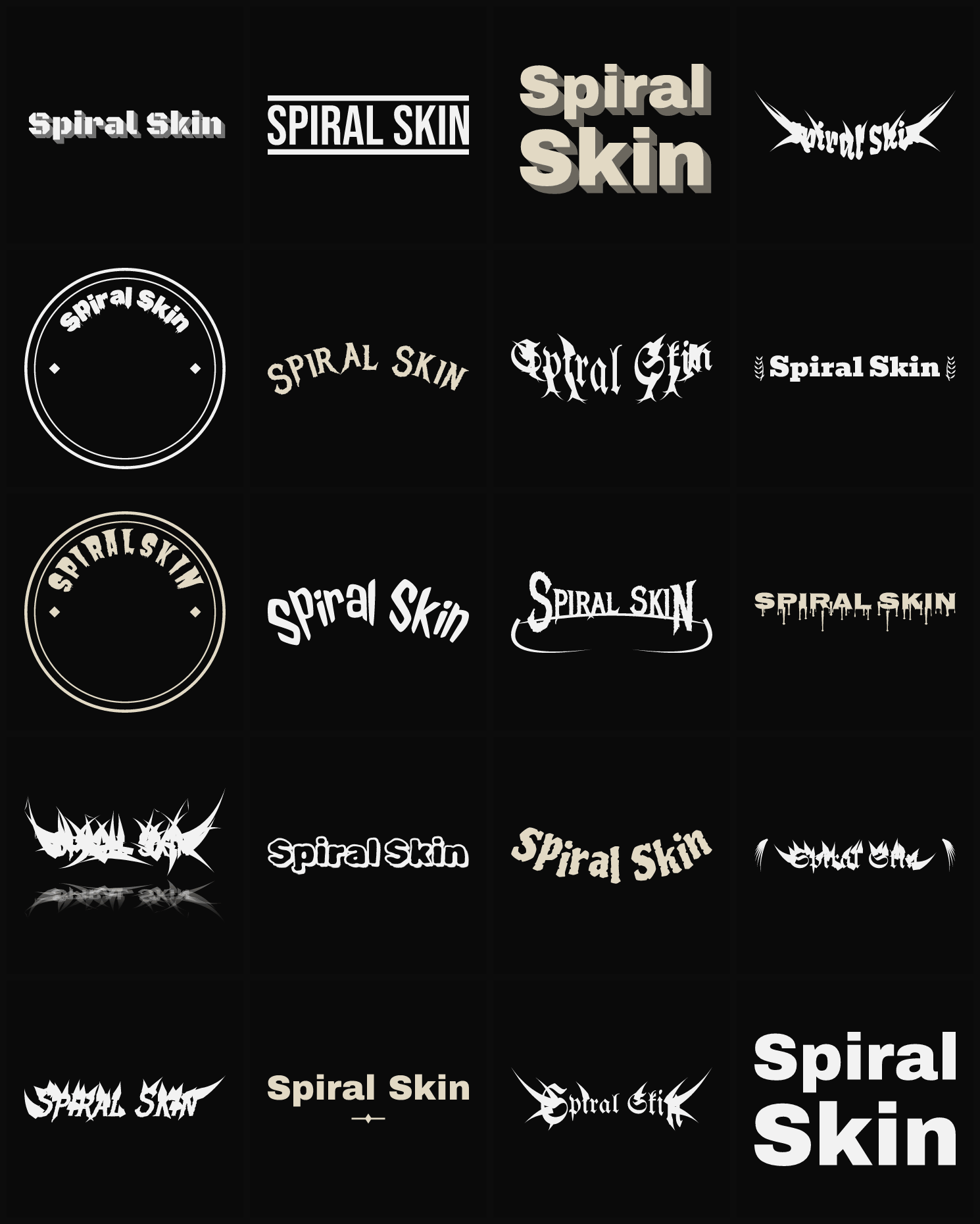 Twenty Spiral Skin band logo ideas — different faces, treatments and spike settings