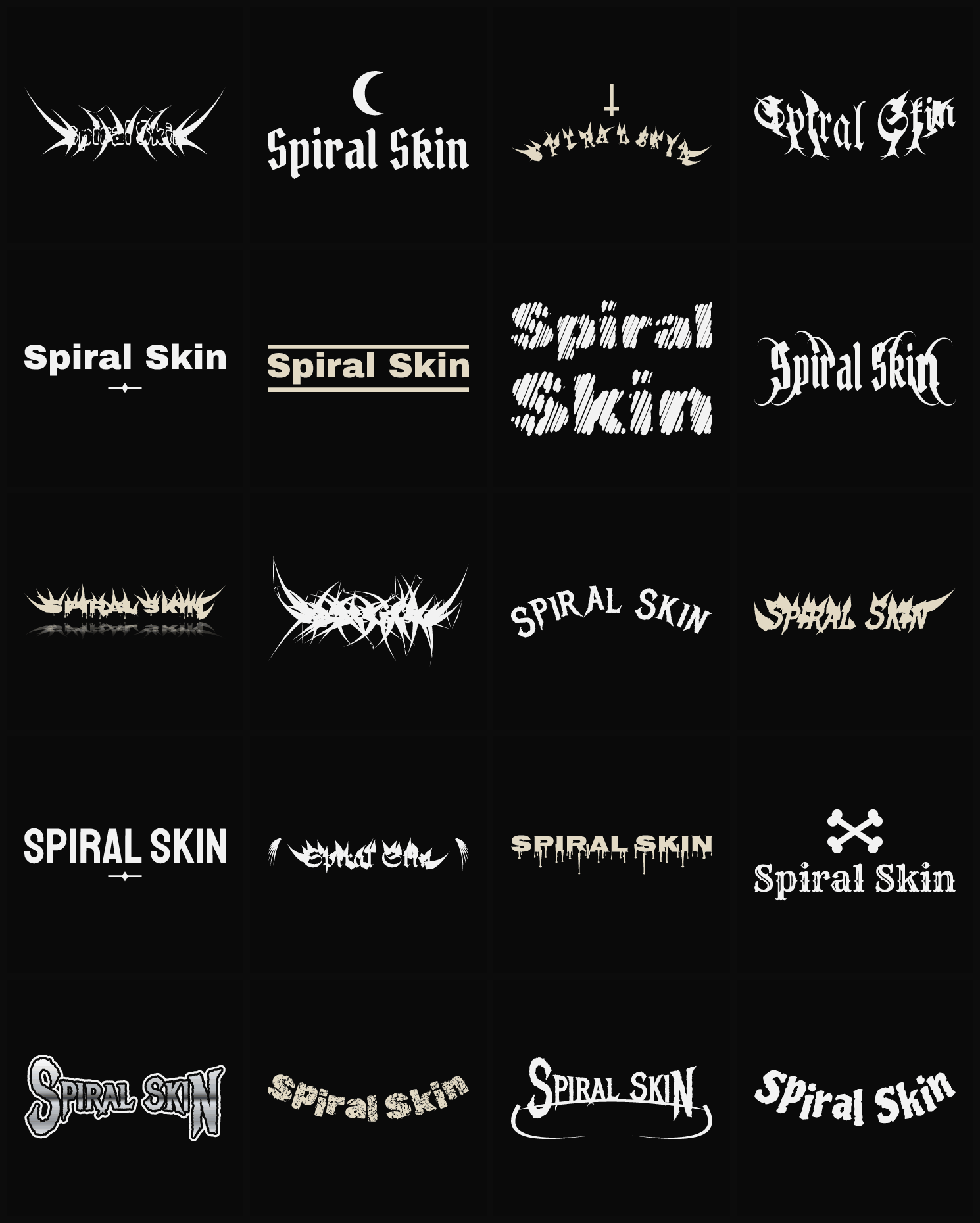 Twenty Spiral Skin band logo ideas — different faces, treatments and spike settings