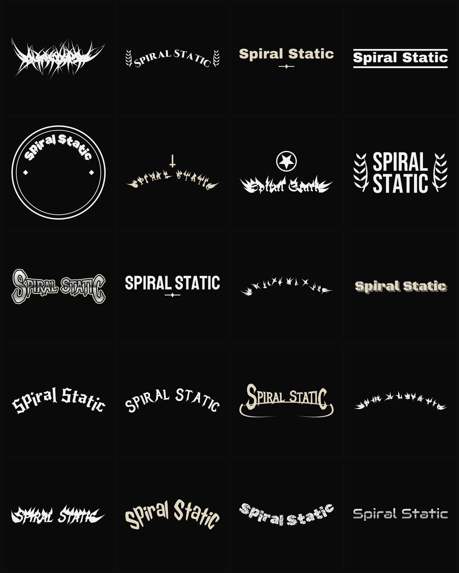 Twenty Spiral Static band logo ideas — different faces, treatments and spike settings