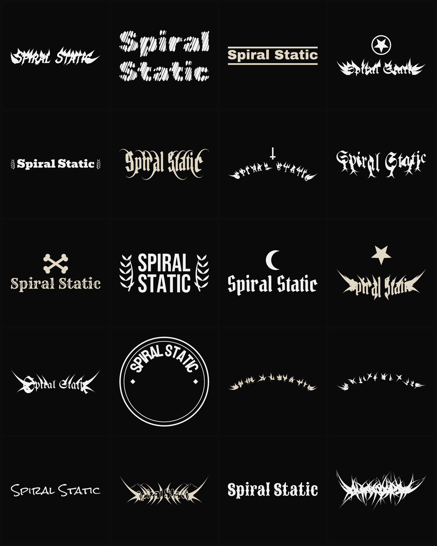 Twenty Spiral Static band logo ideas — different faces, treatments and spike settings