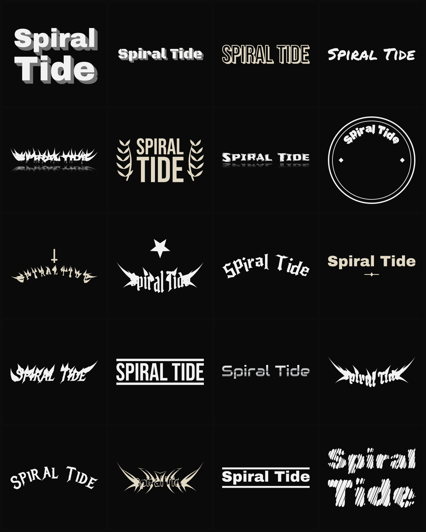 Twenty Spiral Tide band logo ideas — different faces, treatments and spike settings