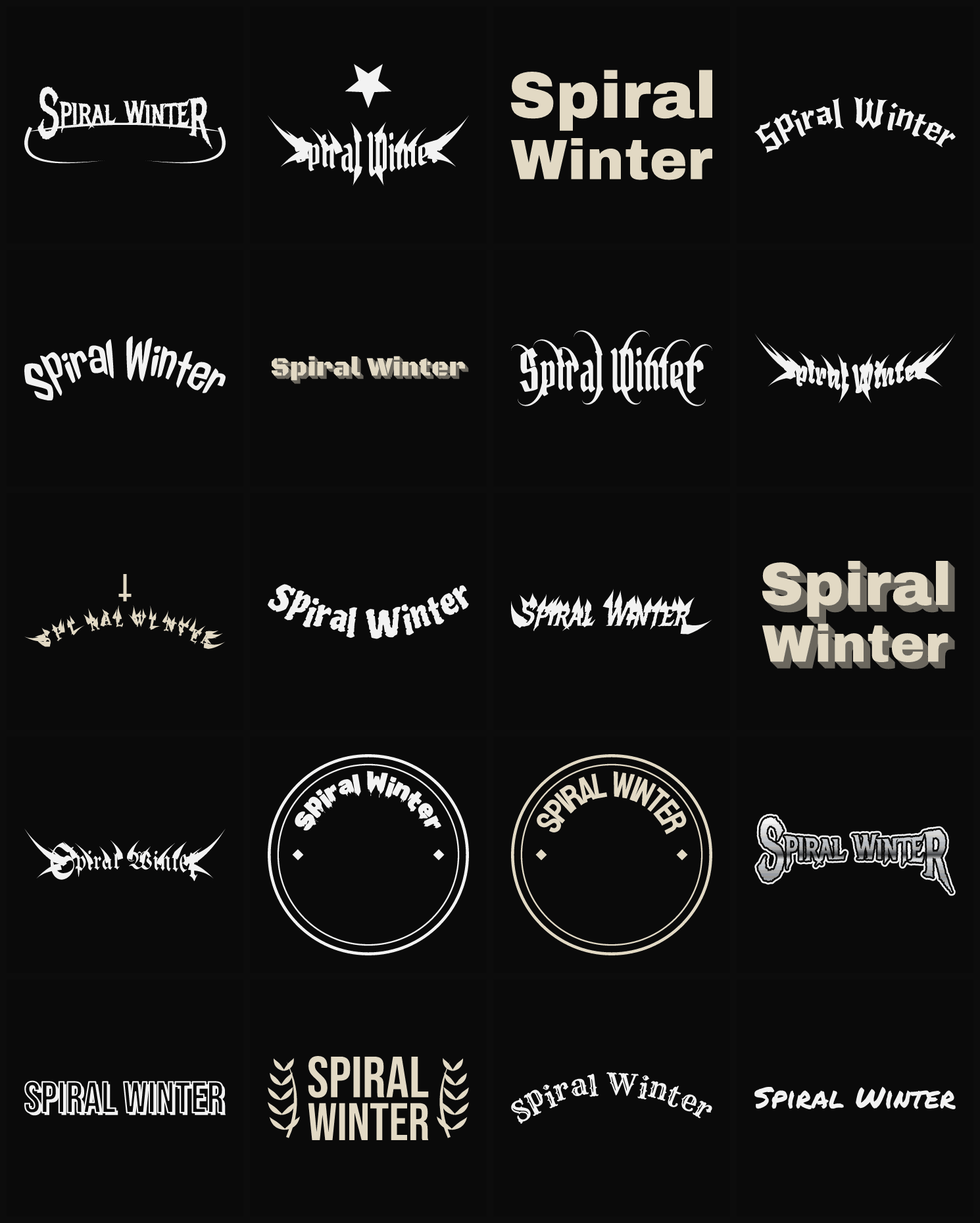 Twenty Spiral Winter band logo ideas — different faces, treatments and spike settings