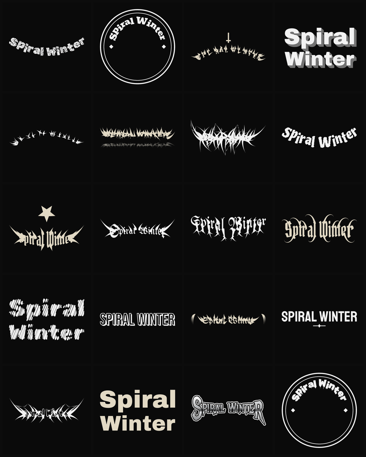Twenty Spiral Winter band logo ideas — different faces, treatments and spike settings