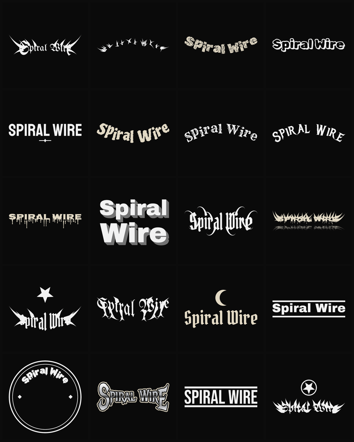 Twenty Spiral Wire band logo ideas — different faces, treatments and spike settings