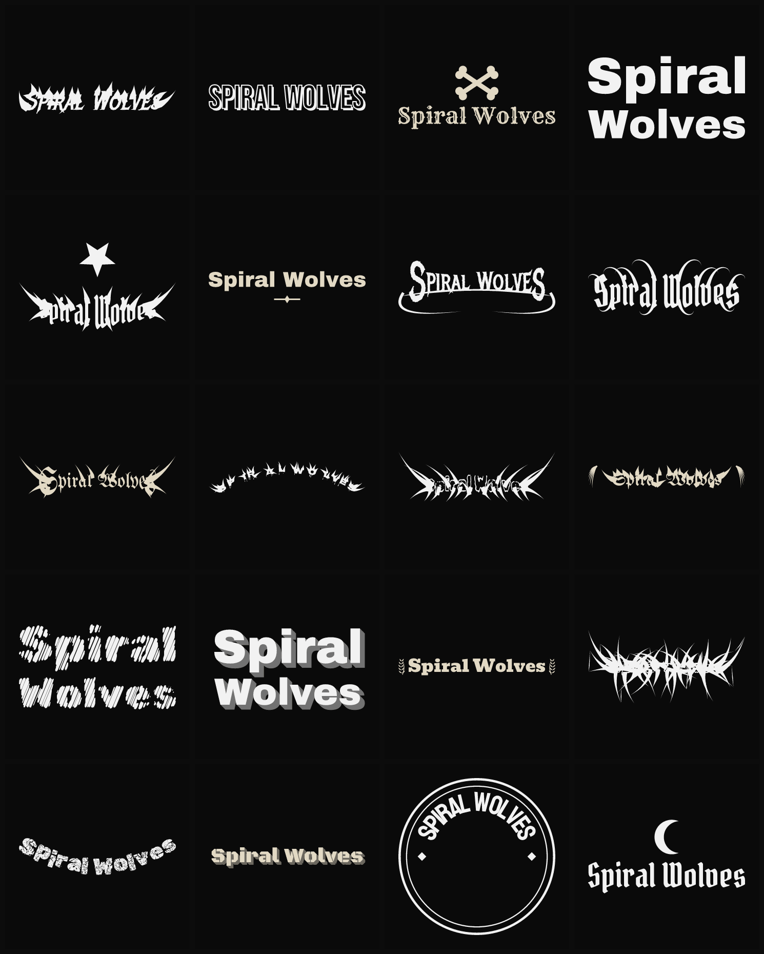 Twenty Spiral Wolves band logo ideas — different faces, treatments and spike settings