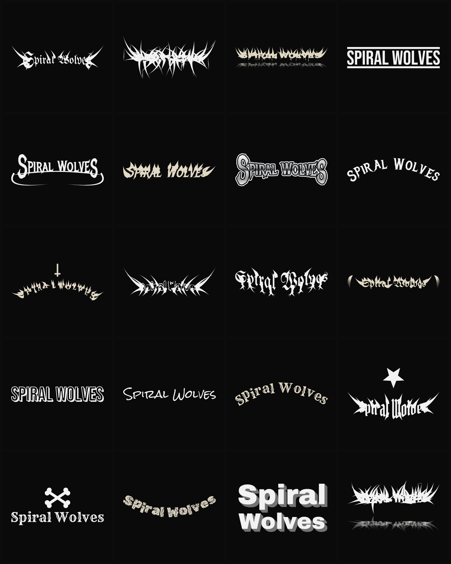 Twenty Spiral Wolves band logo ideas — different faces, treatments and spike settings