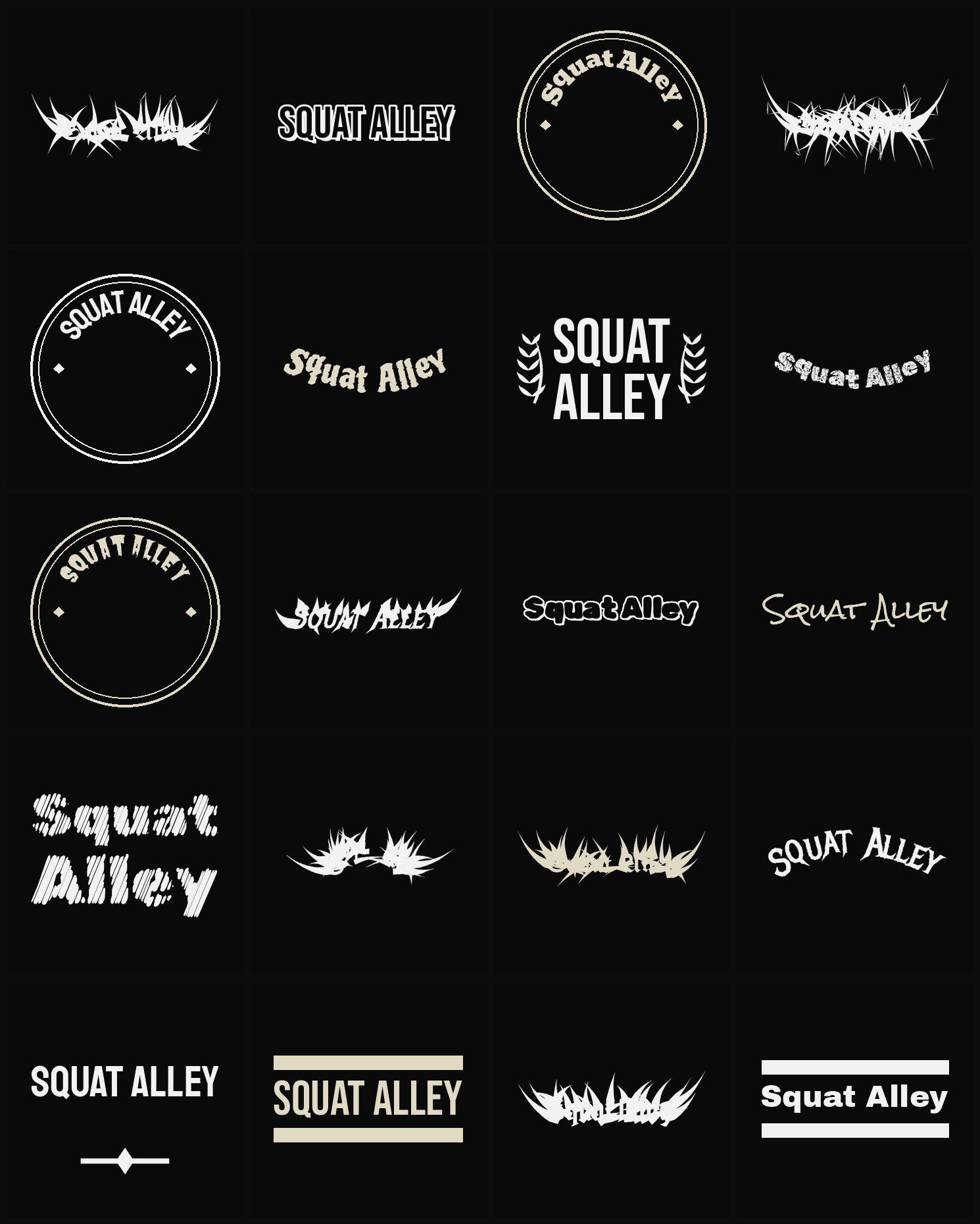 Twenty Squat Alley band logo ideas — different faces, treatments and spike settings