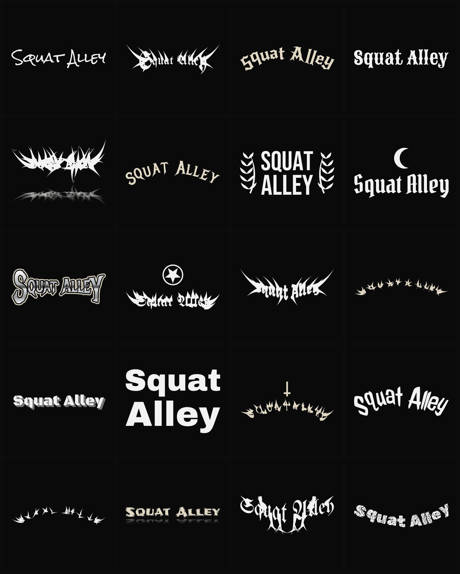 Twenty Squat Alley band logo ideas — different faces, treatments and spike settings