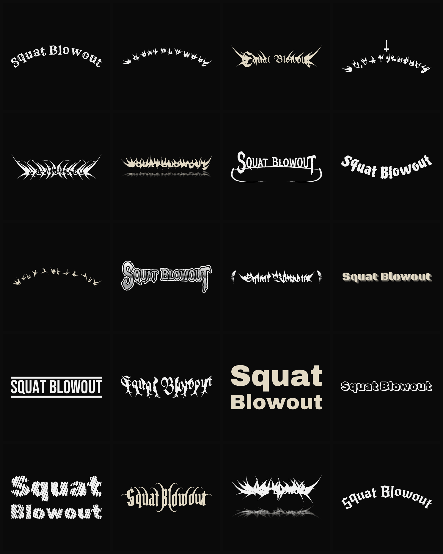 Twenty Squat Blowout band logo ideas — different faces, treatments and spike settings