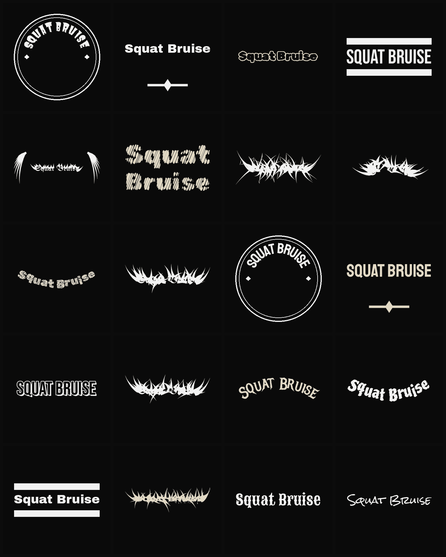 Twenty Squat Bruise band logo ideas — different faces, treatments and spike settings