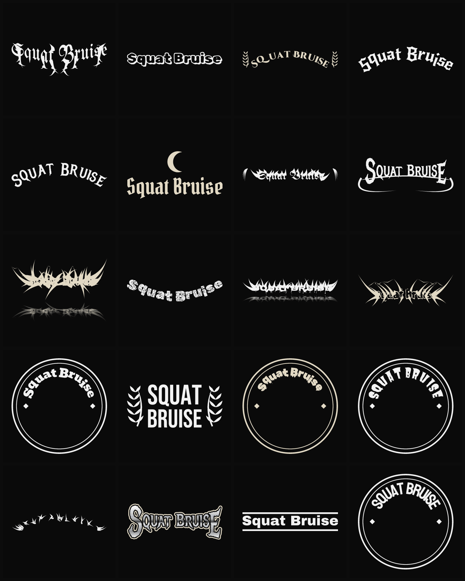 Twenty Squat Bruise band logo ideas — different faces, treatments and spike settings