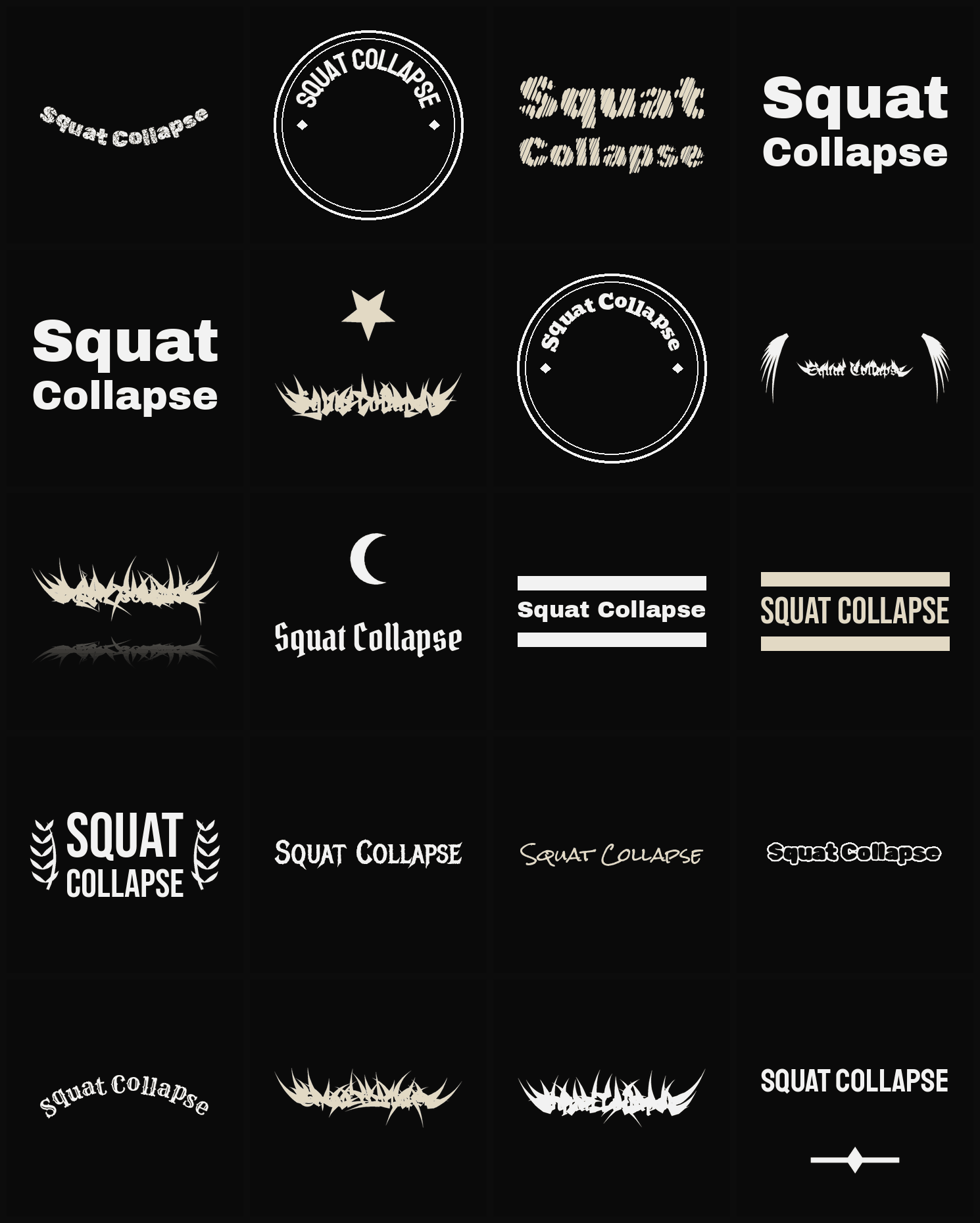 Twenty Squat Collapse band logo ideas — different faces, treatments and spike settings