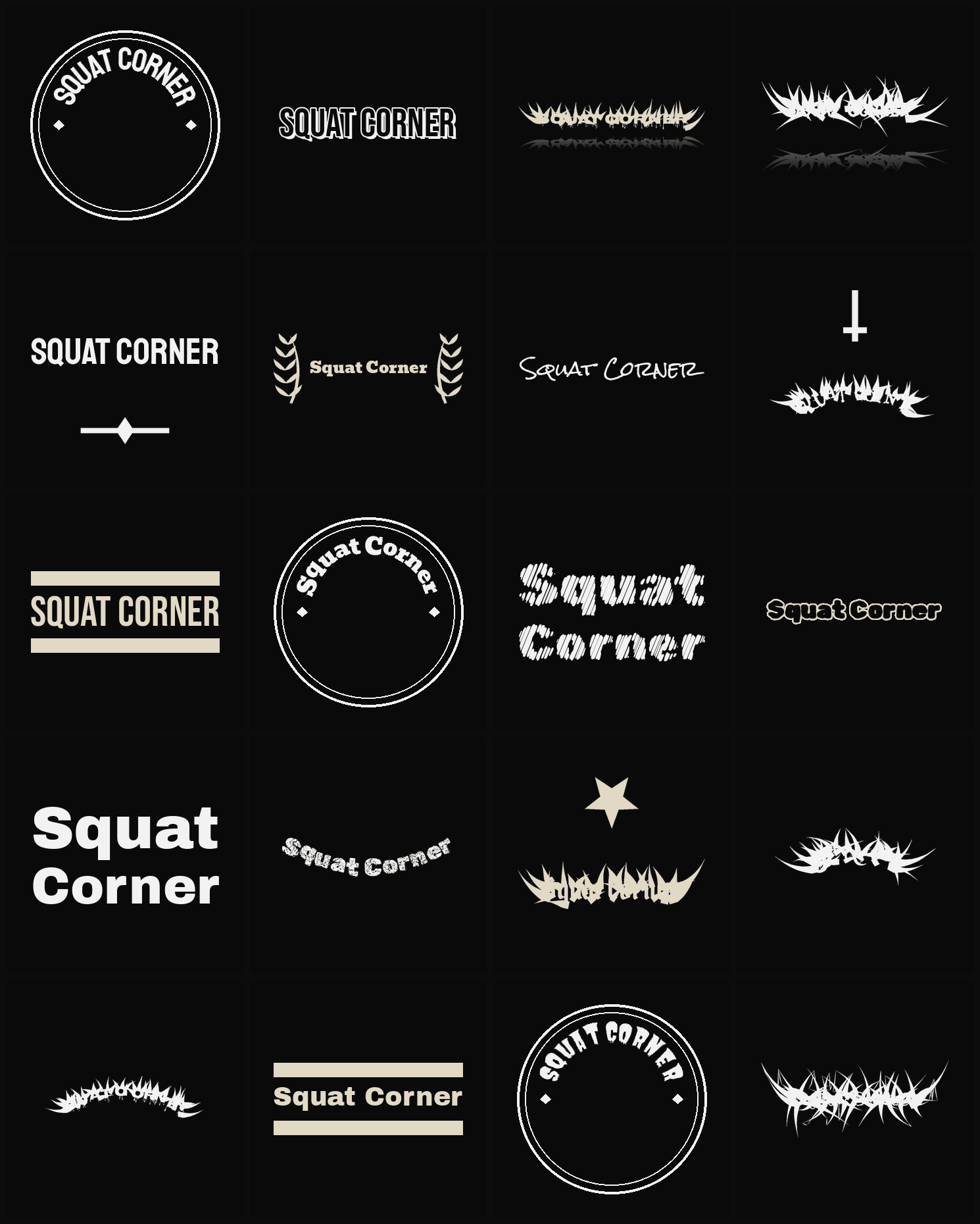Twenty Squat Corner band logo ideas — different faces, treatments and spike settings