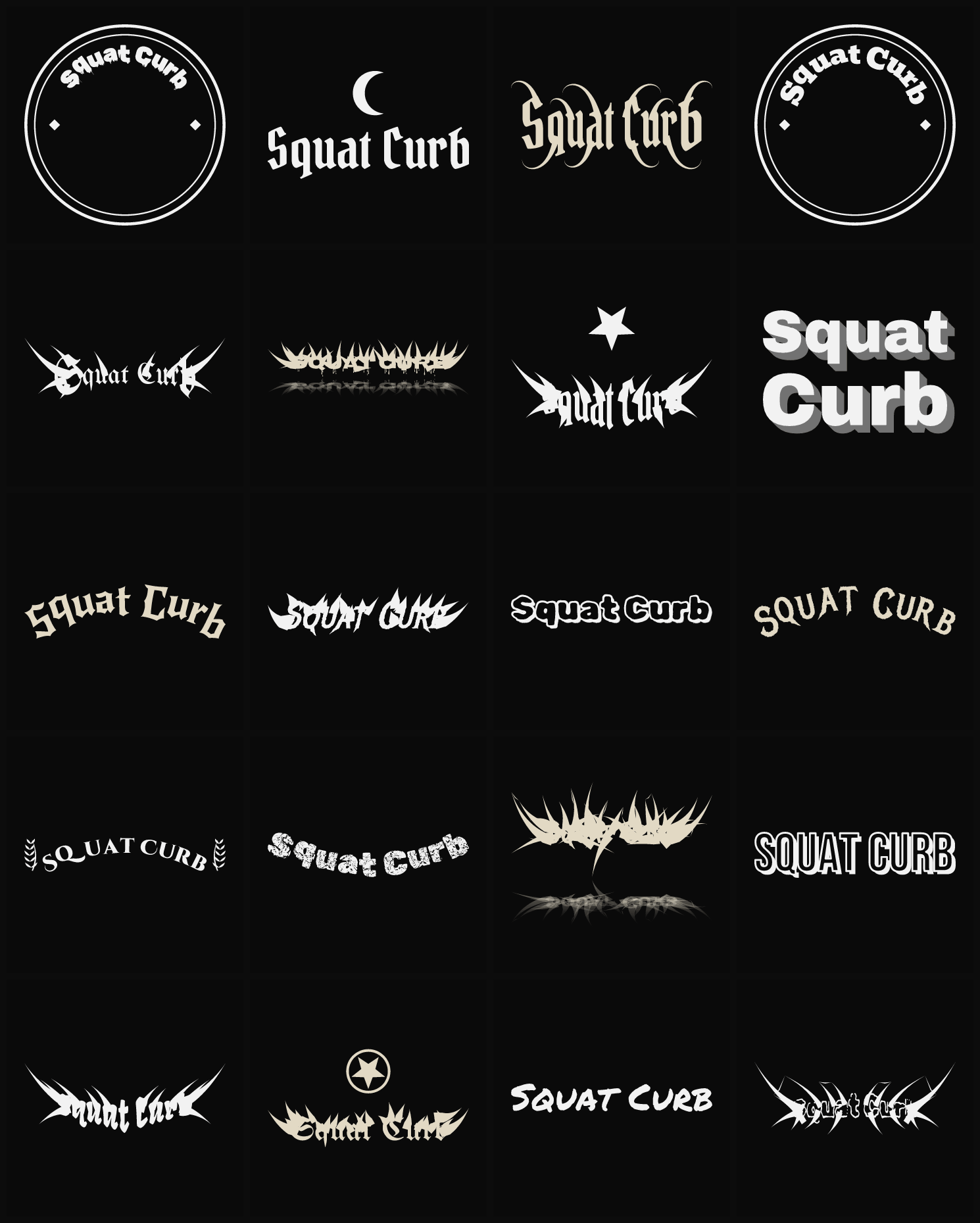 Twenty Squat Curb band logo ideas — different faces, treatments and spike settings