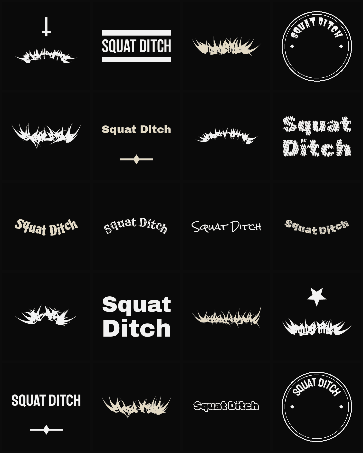 Twenty Squat Ditch band logo ideas — different faces, treatments and spike settings