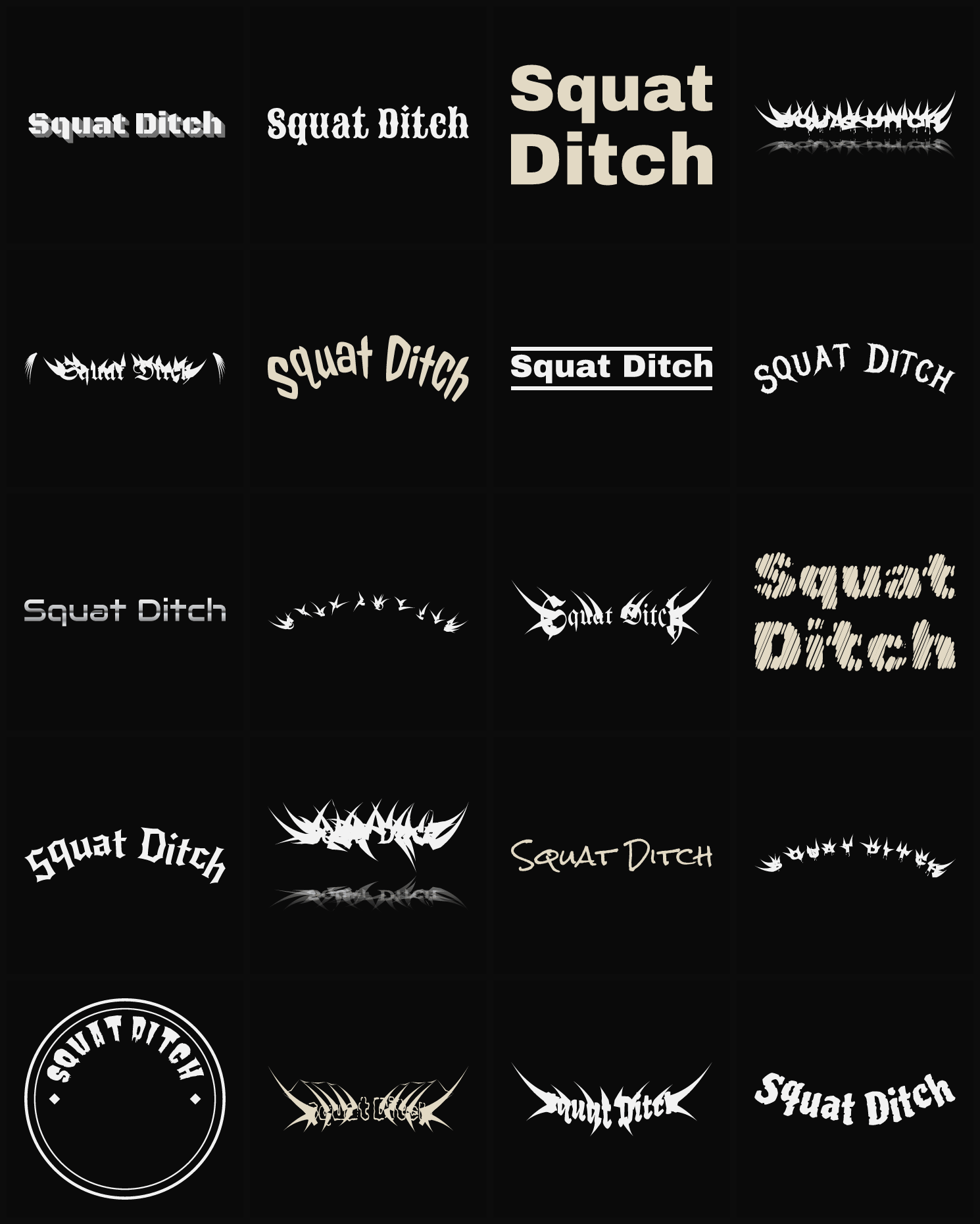 Twenty Squat Ditch band logo ideas — different faces, treatments and spike settings
