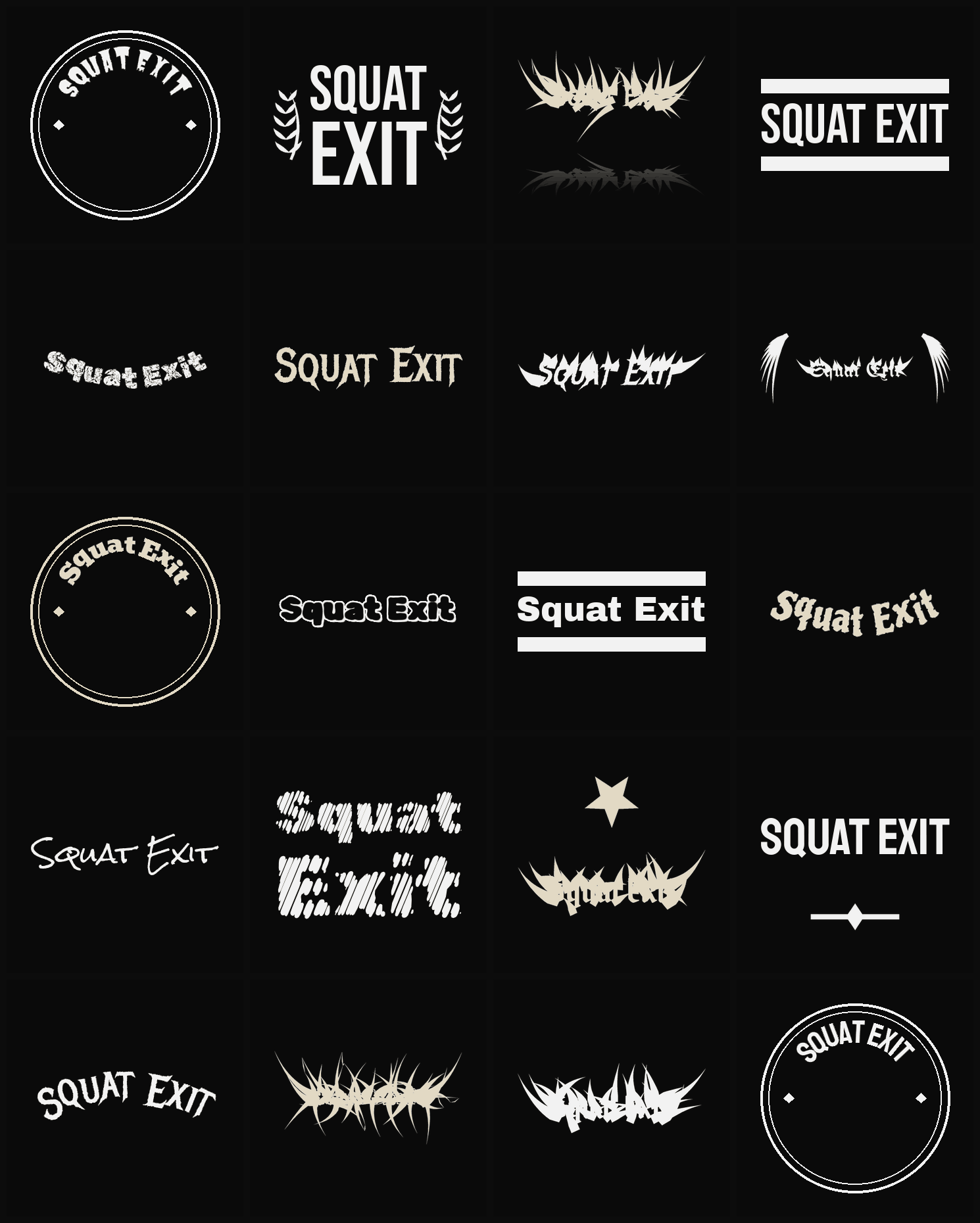 Twenty Squat Exit band logo ideas — different faces, treatments and spike settings