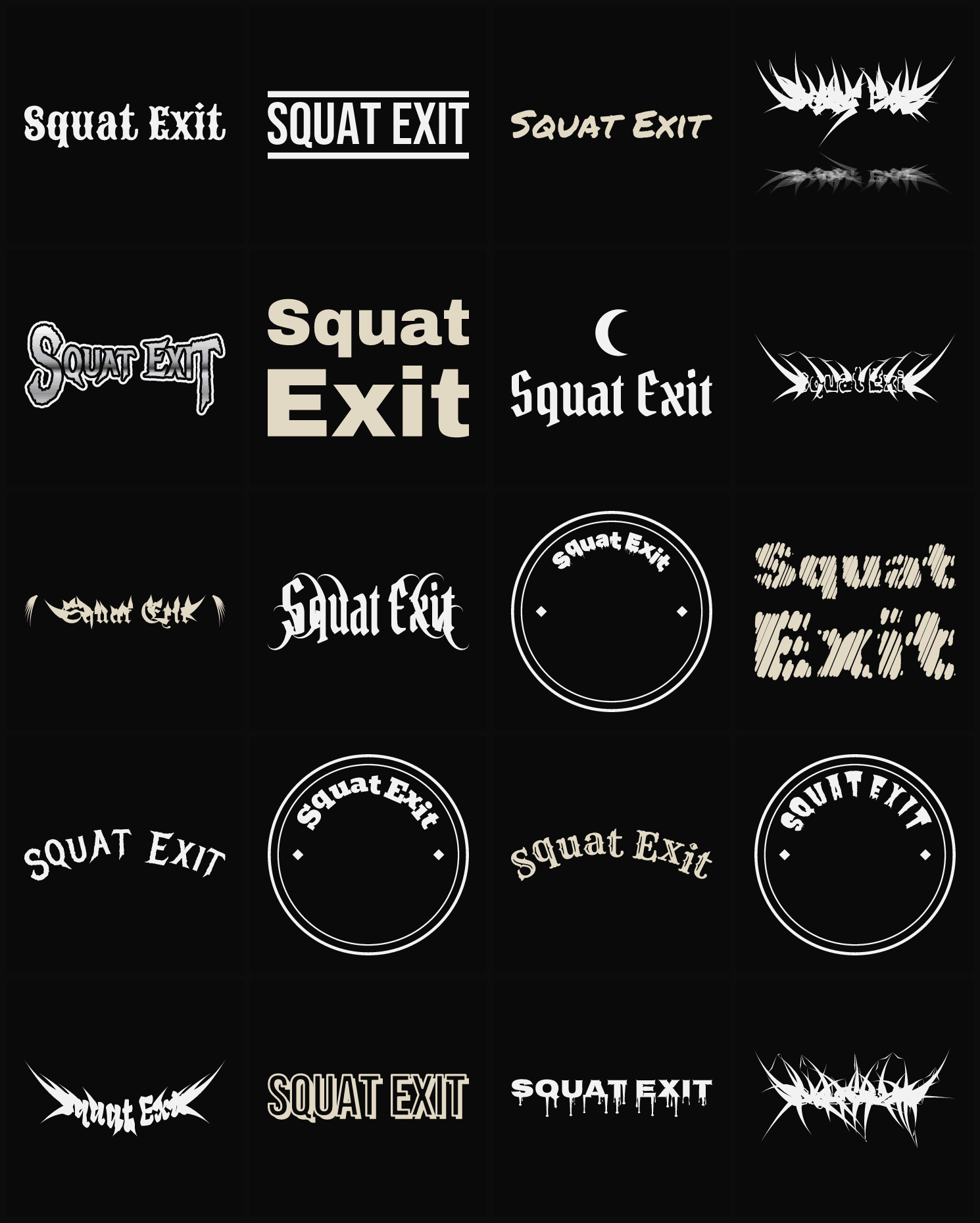 Twenty Squat Exit band logo ideas — different faces, treatments and spike settings