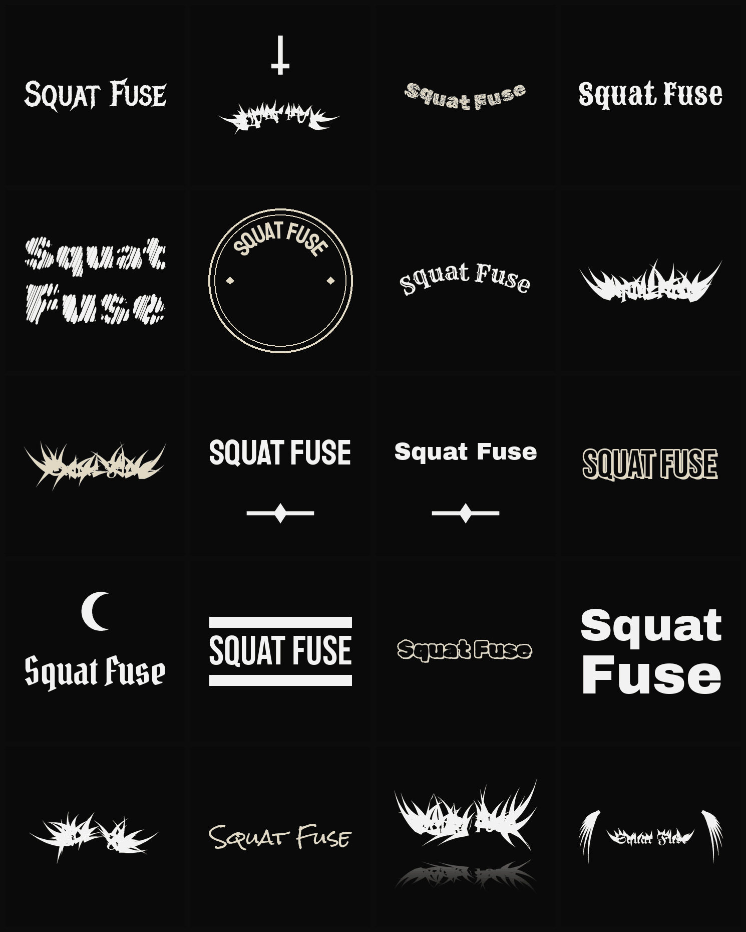Twenty Squat Fuse band logo ideas — different faces, treatments and spike settings