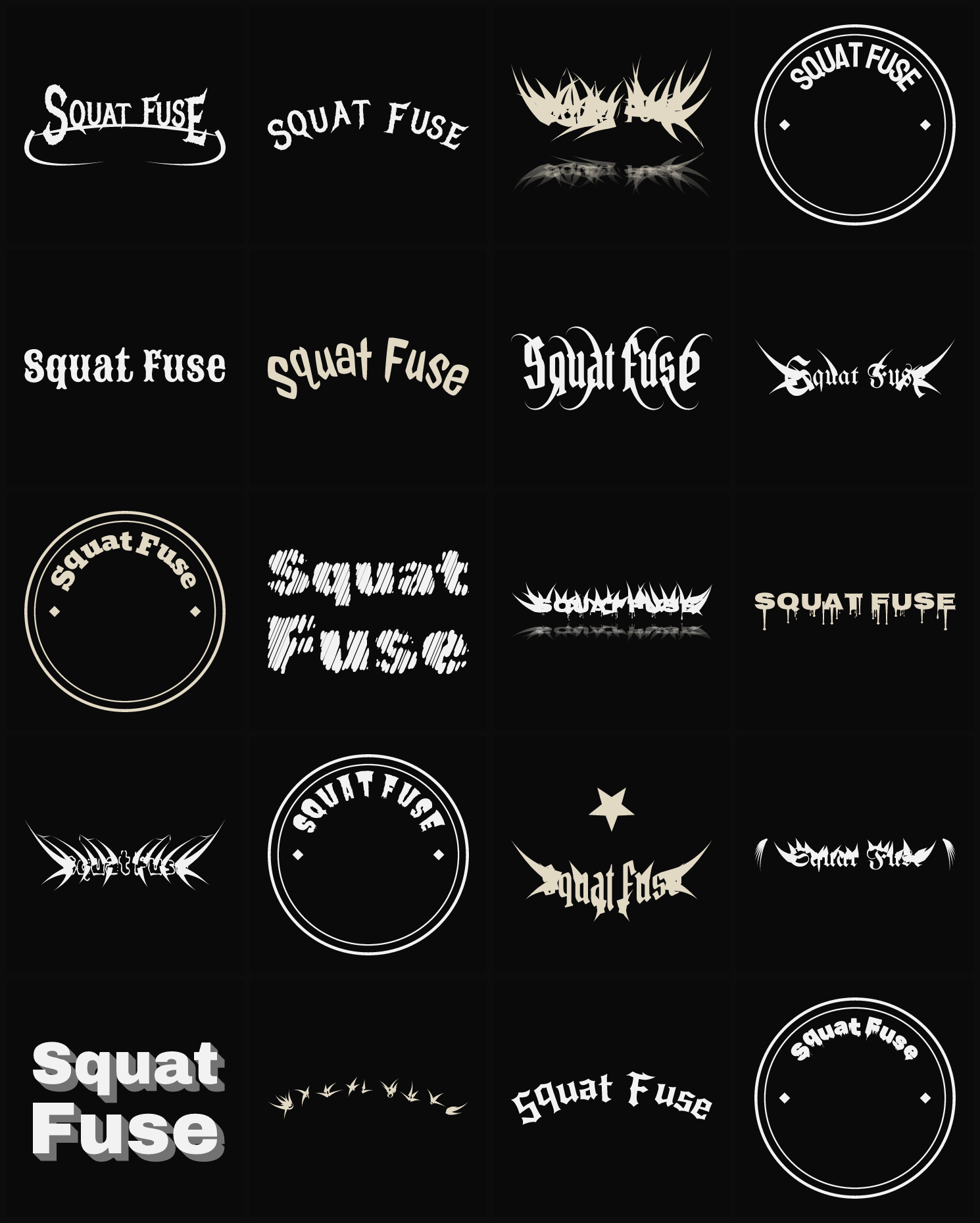 Twenty Squat Fuse band logo ideas — different faces, treatments and spike settings
