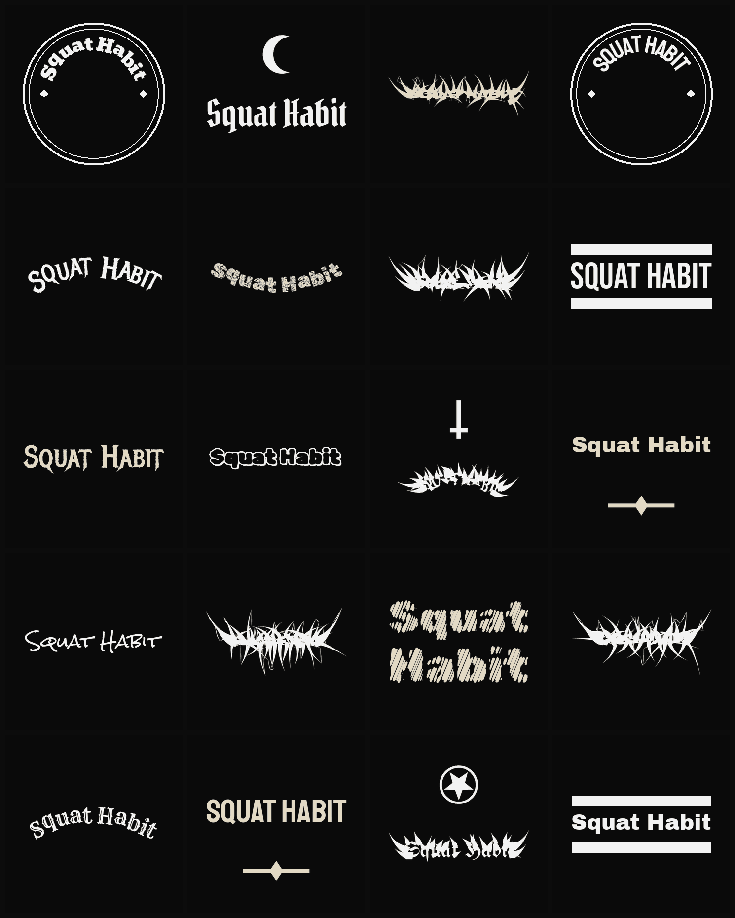 Twenty Squat Habit band logo ideas — different faces, treatments and spike settings