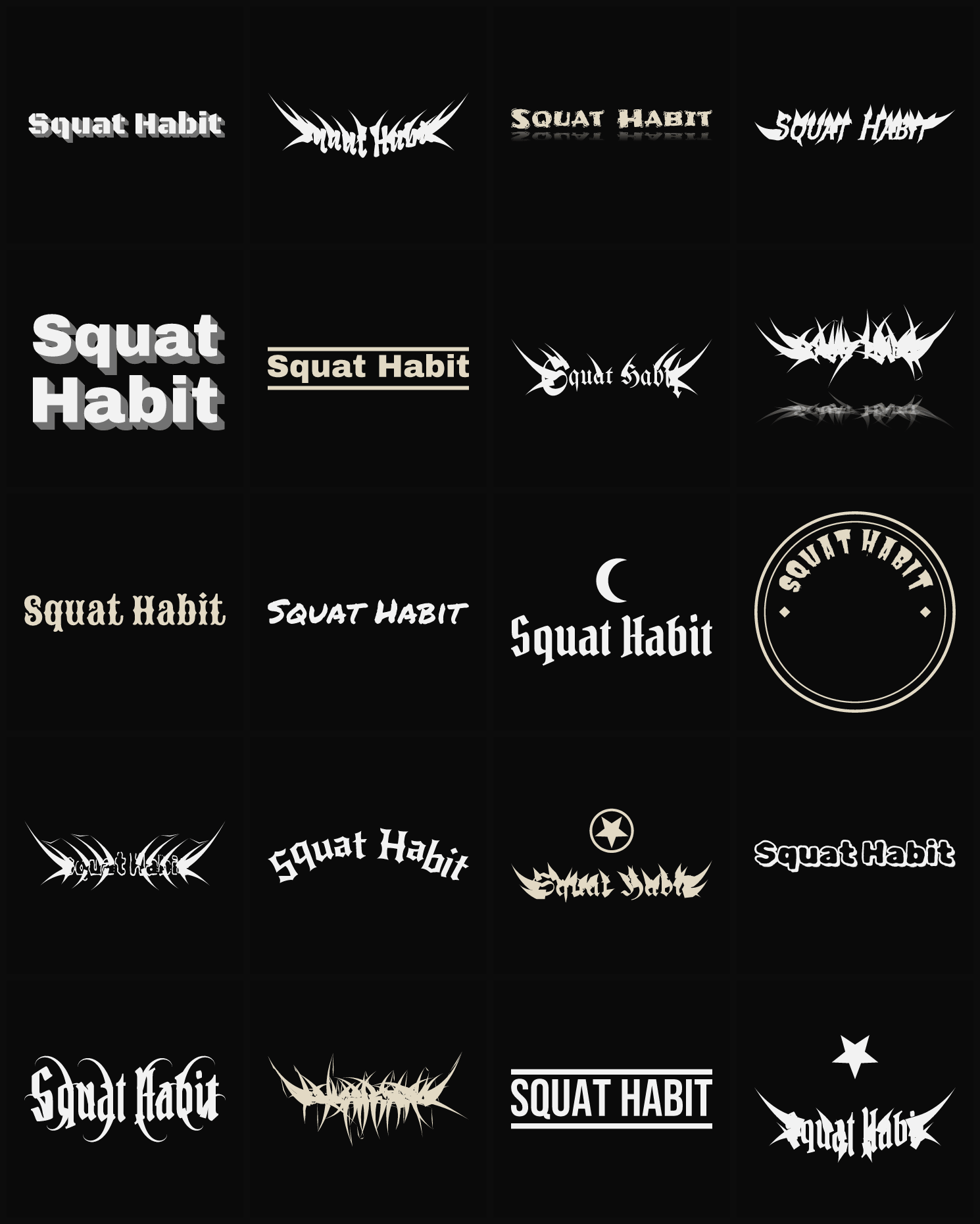 Twenty Squat Habit band logo ideas — different faces, treatments and spike settings