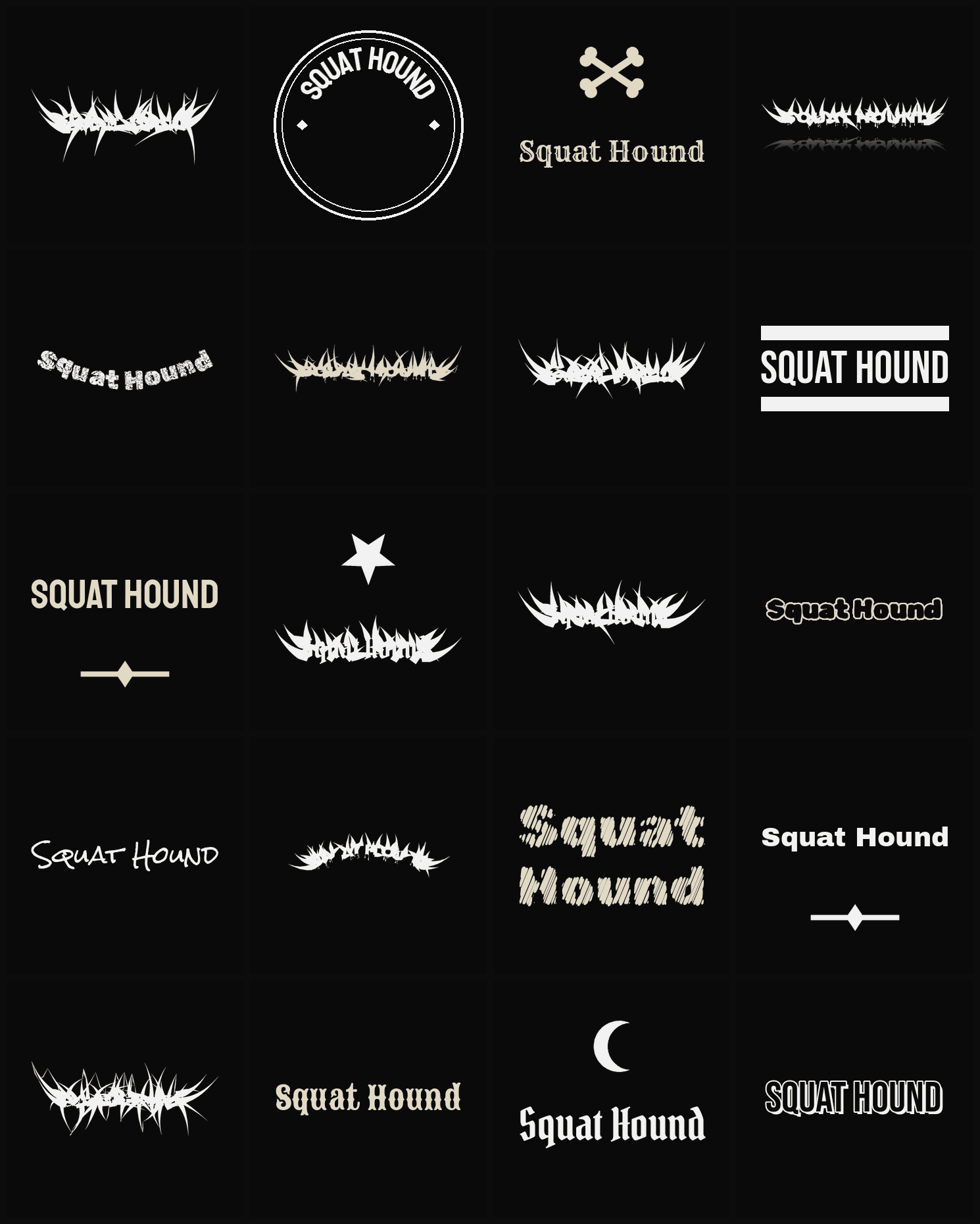 Twenty Squat Hound band logo ideas — different faces, treatments and spike settings